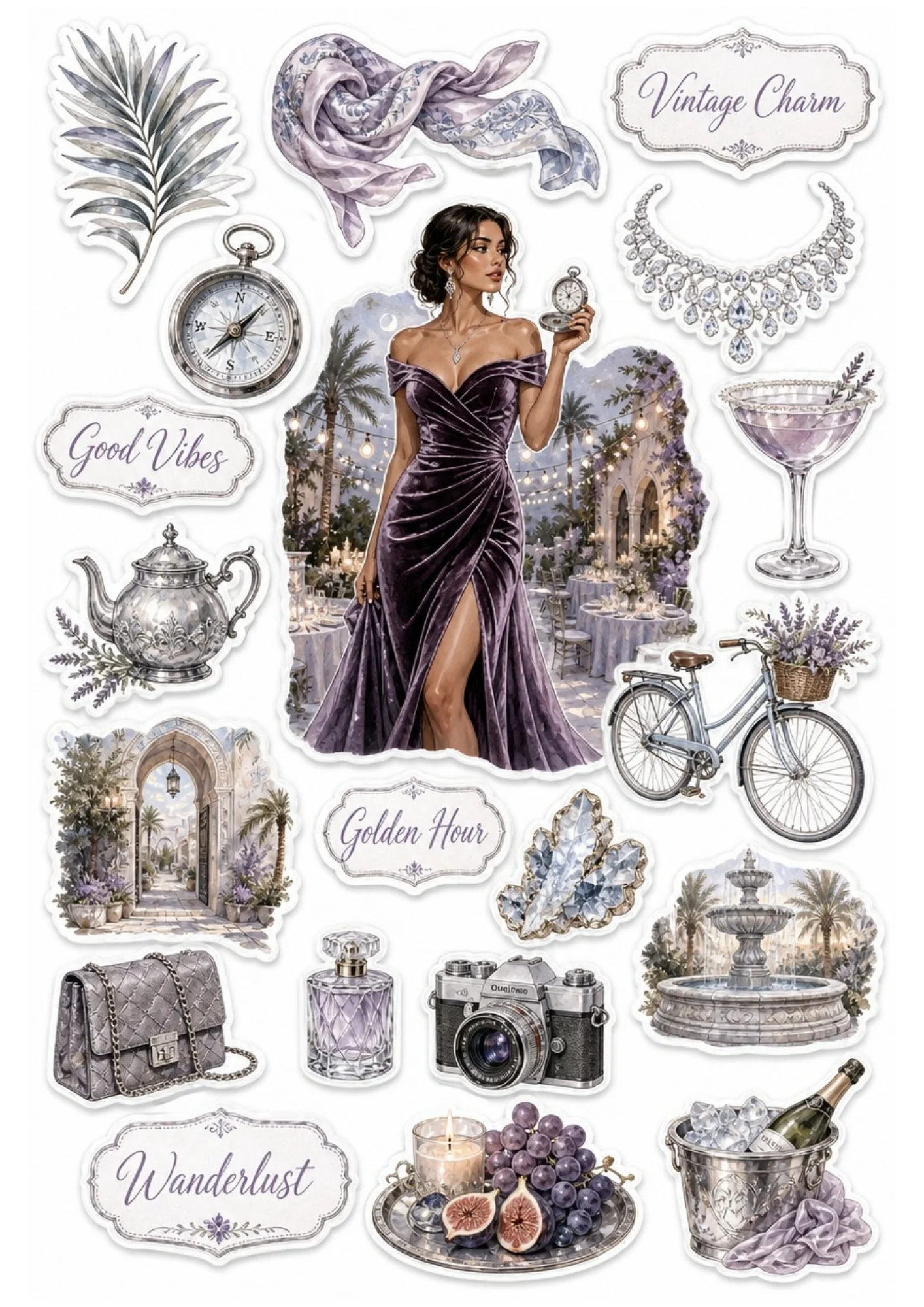 Printable sticker sheet centered on a woman in a purple velvet evening gown with lavender flowers, silver compass, camera, bicycle, and ice bucket.