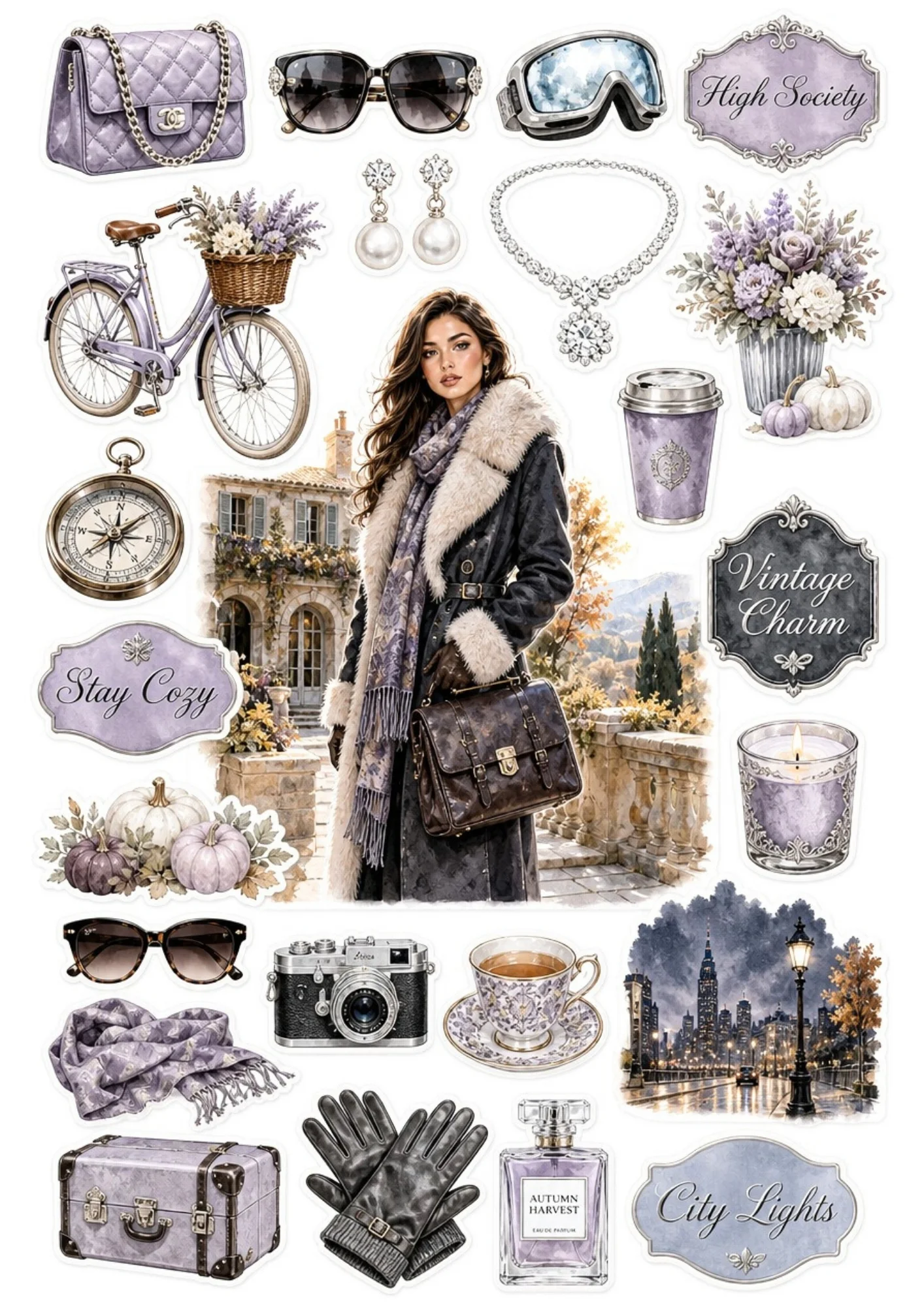 A printable fall sticker sheet featuring a woman in a lavender coat outside a stone manor, with purple bicycles, diamond necklaces, gloves, and city lights.