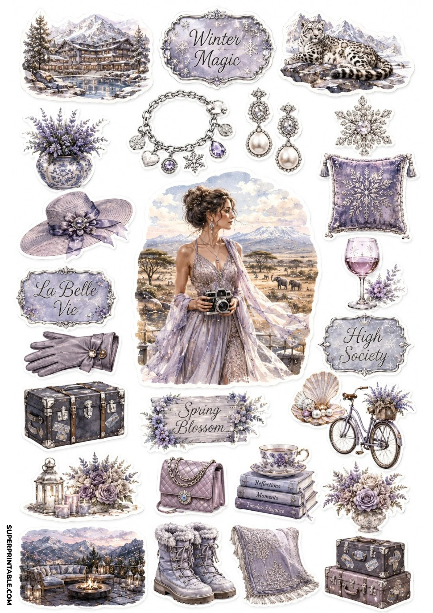 Printable sticker sheet with dusty lavender illustrations including a woman holding a camera, snow leopard, vintage trunk, lavender bouquet, pearl jewelry, and winter boots.