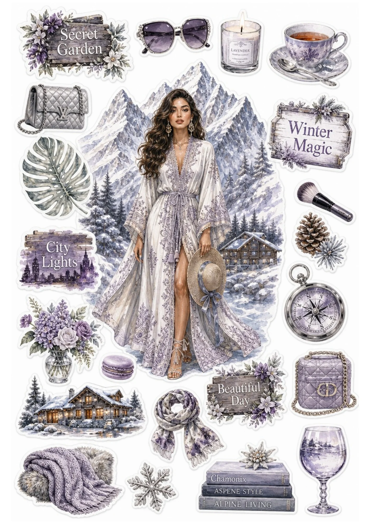 A purple sticker sheet with a woman in a winter robe, snowy chalet, stack of books, lavender tea cup, and purple handbag.