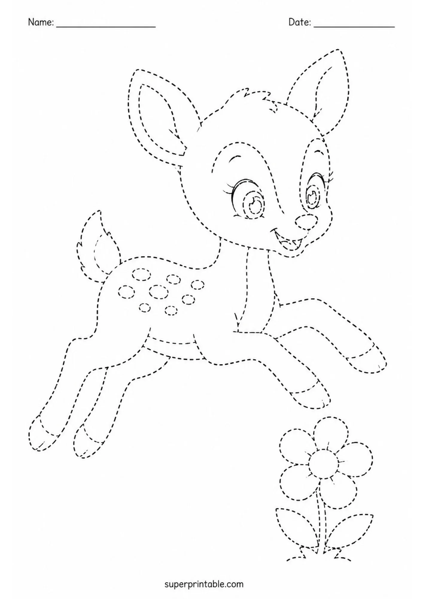 Printable line tracing page showing a happy cartoon fawn jumping gracefully over a flower with round petals, drawn with dashed black outlines.