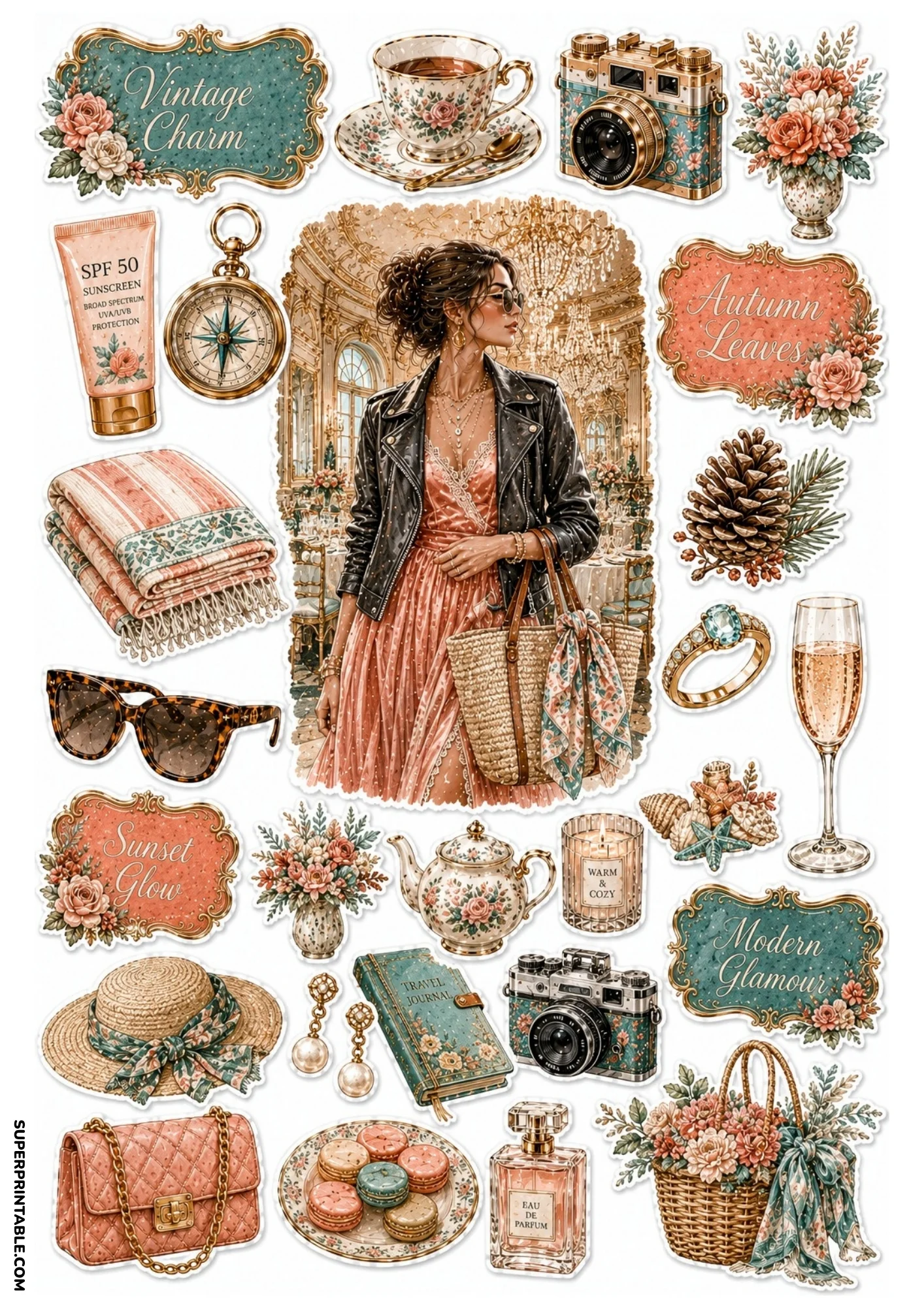 Coral and black sticker sheet depicting a woman in a leather jacket in a grand hall, teacups, straw hat, champagne glass, and floral labels.