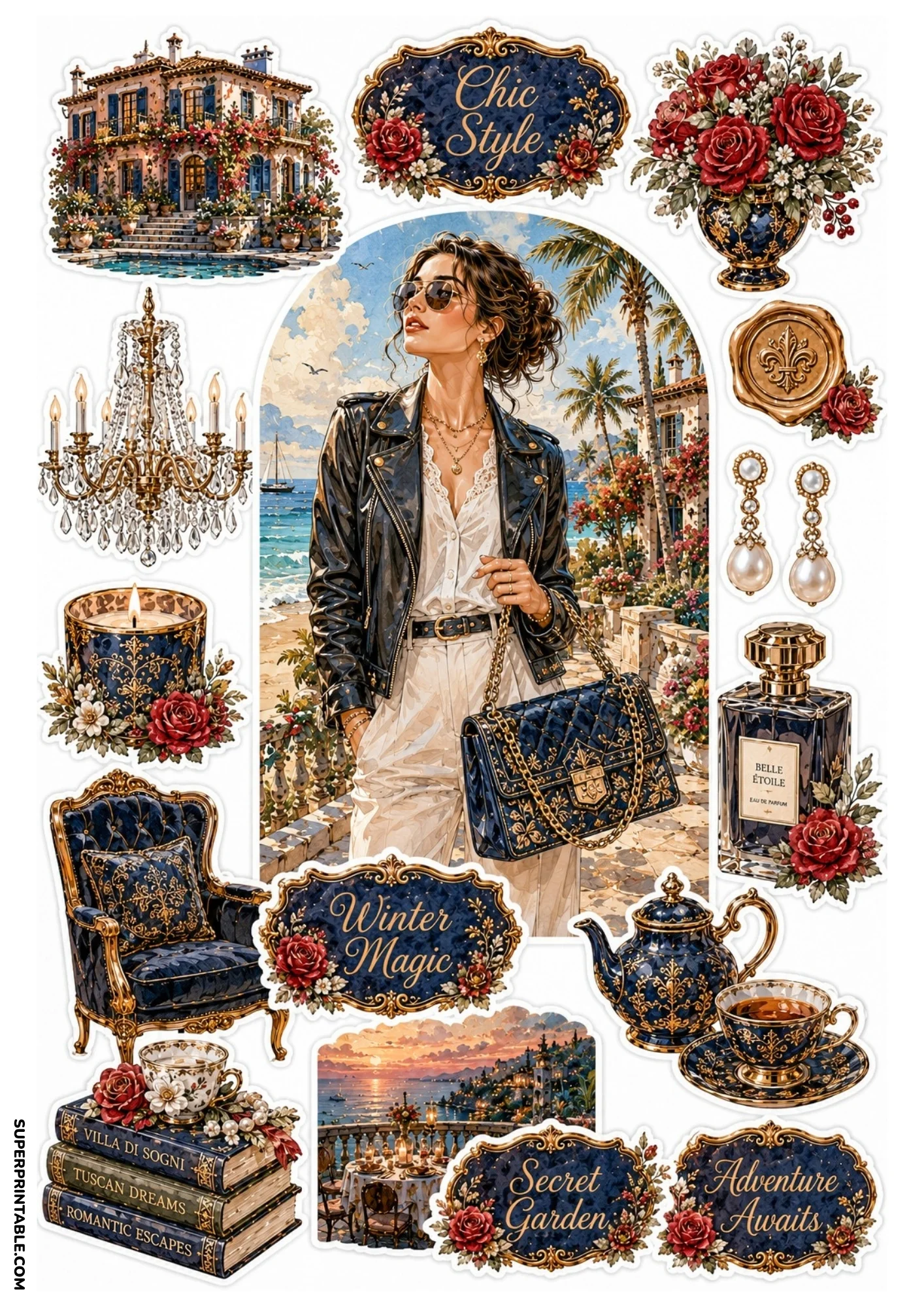 Printable sticker set displaying a woman in a black leather jacket on a coastal path, navy tufted armchair, navy teapot and cup, and red roses vase.