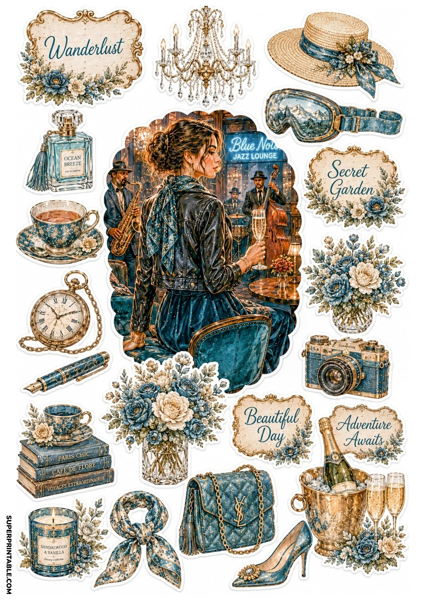 Printable sticker sheet featuring a woman in a leather jacket inside a jazz lounge, surrounded by a champagne bucket, teal high heel shoe, camera, vintage books, and floral arrangements.