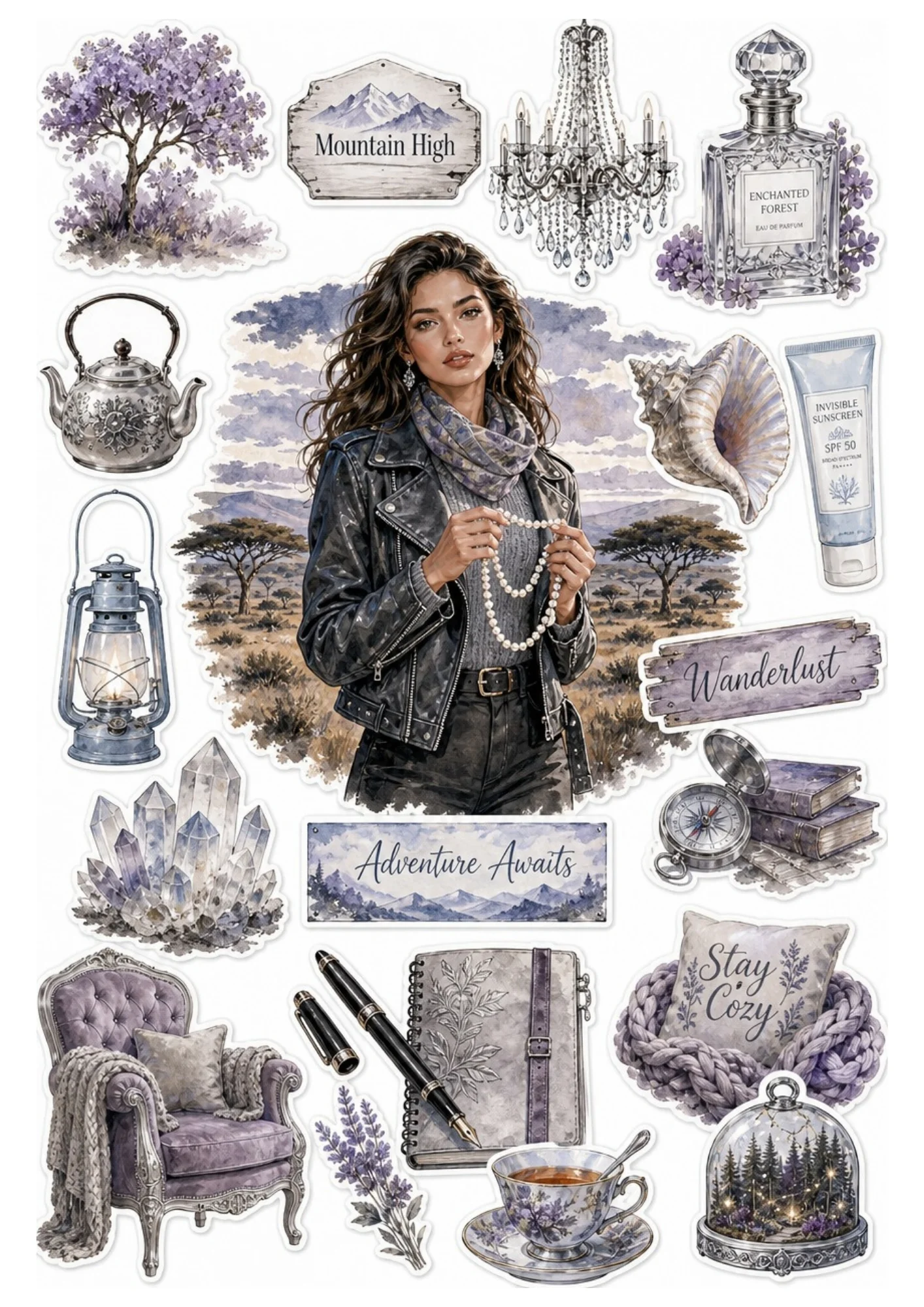 Printable stickers showing a traveler in a black leather jacket with purple crystals.