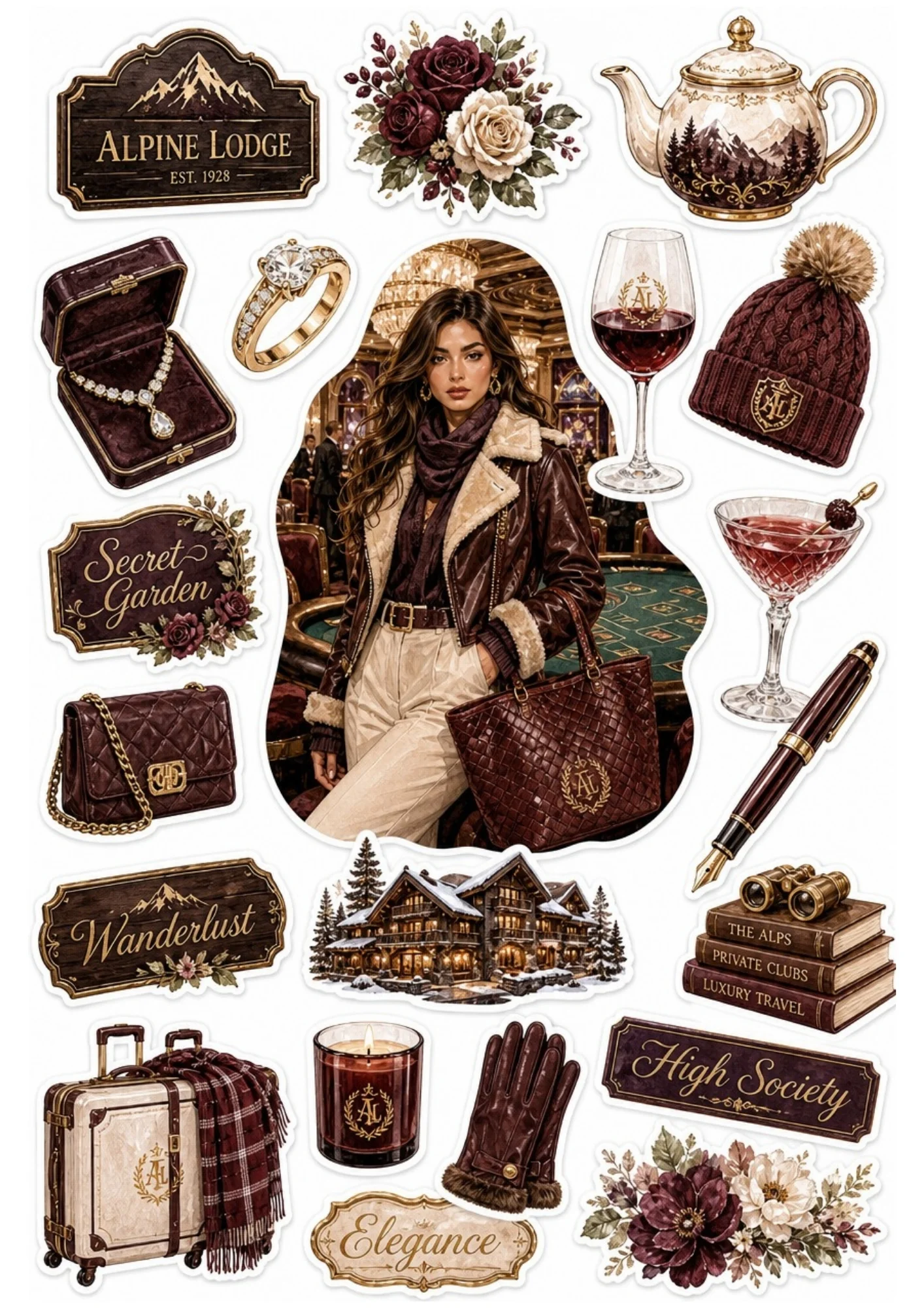 A dark luxury sticker sheet showcasing a woman in a leather jacket, diamond necklace box, burgundy tote bag, and lit chalet.