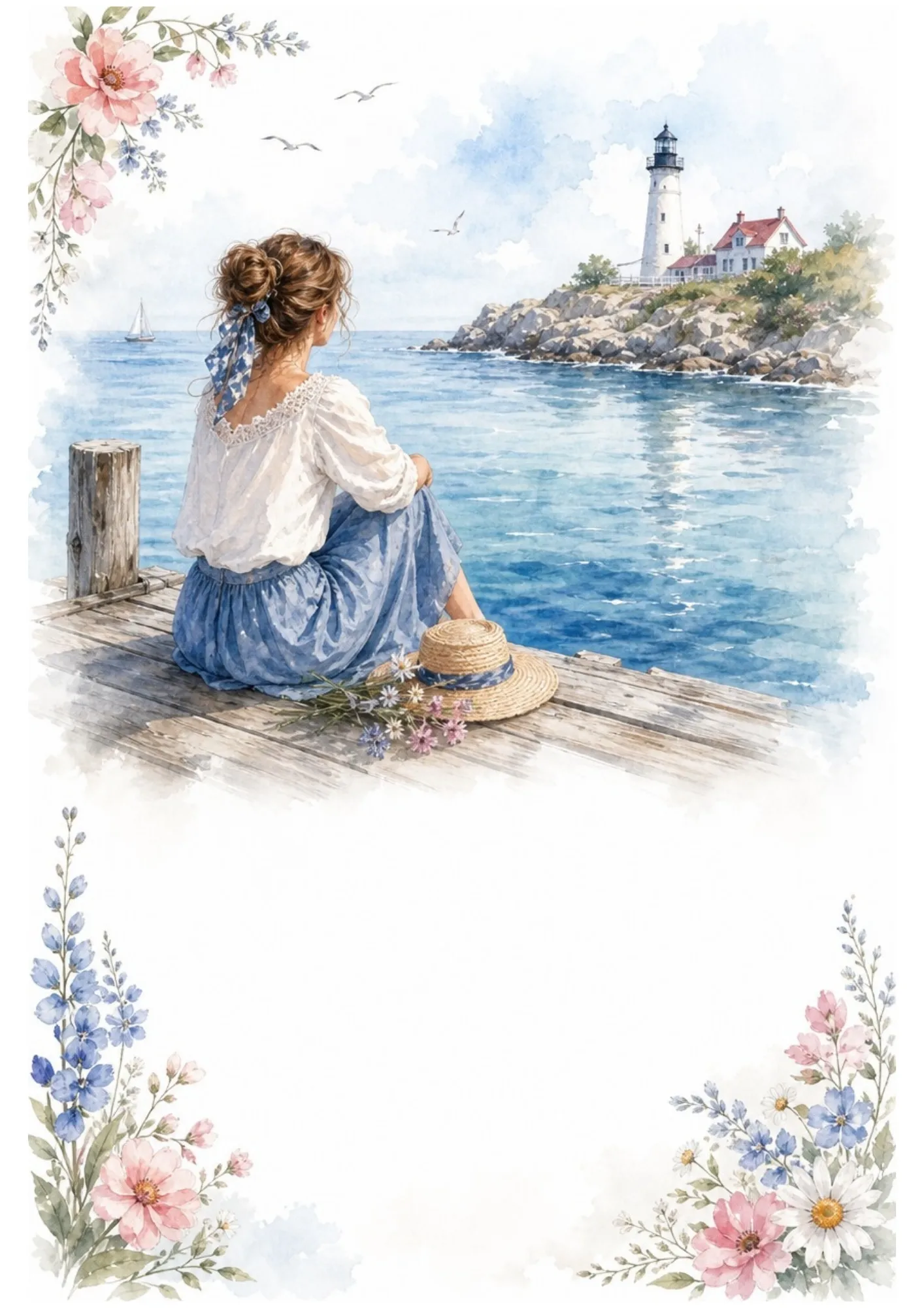 Watercolor painting of a woman sitting on a wooden dock looking out at a white lighthouse and sailboat in the sea, decorated with floral borders and a blank writing space.