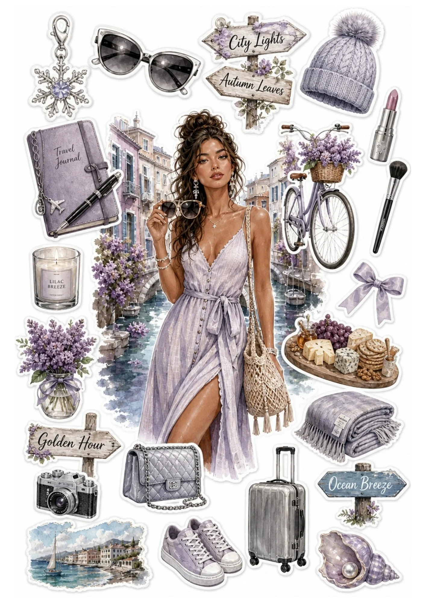 Printable sticker sheet showing a woman in a lavender dress by a canal, surrounded by lilac-themed items like purple sneakers, a silver suitcase, leather journal, bicycle, and cheese tray.