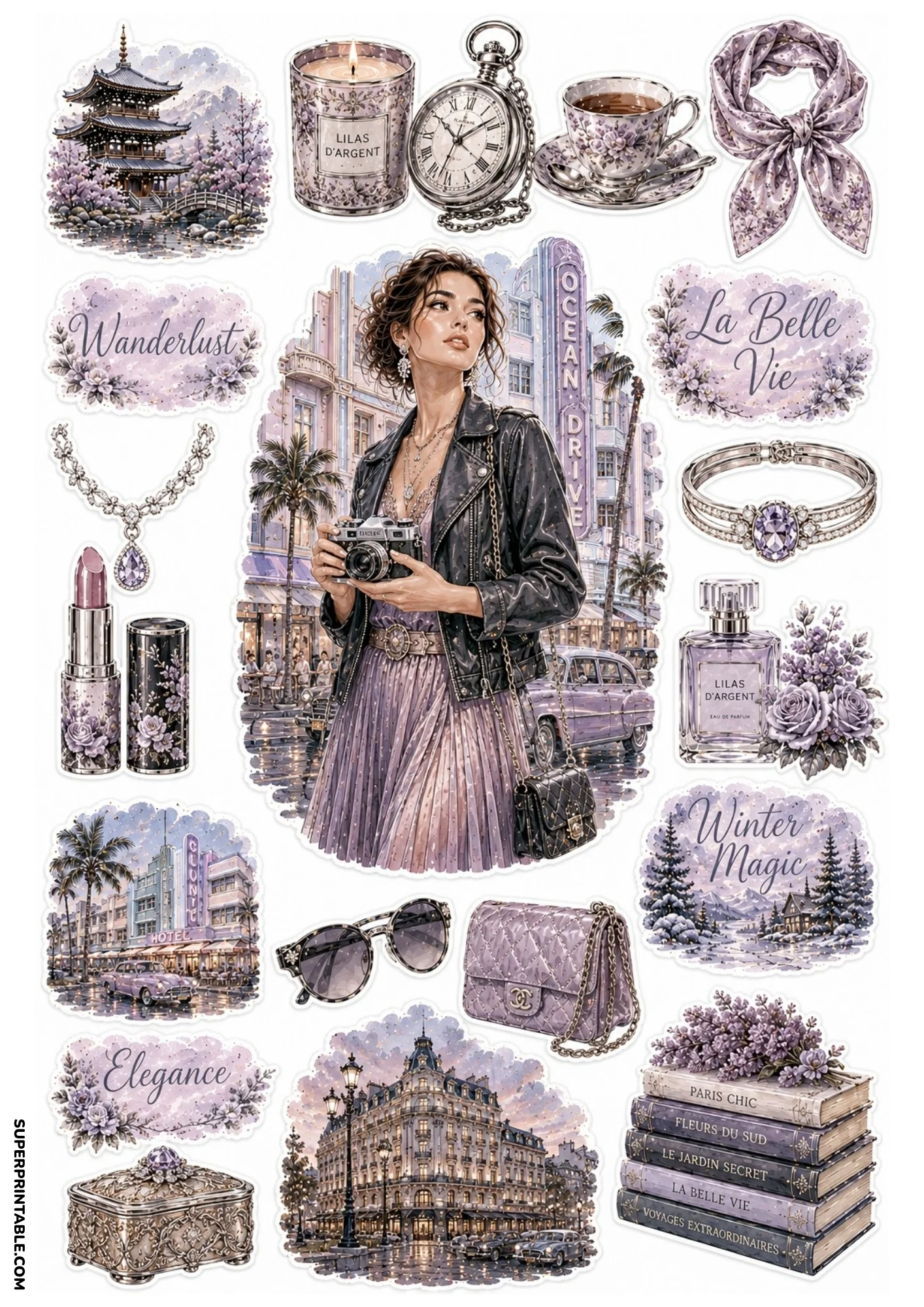 Lilac purple sticker sheet showing a Japanese pagoda, art deco street scene with vintage car, pocket watch, book stack, and camera.