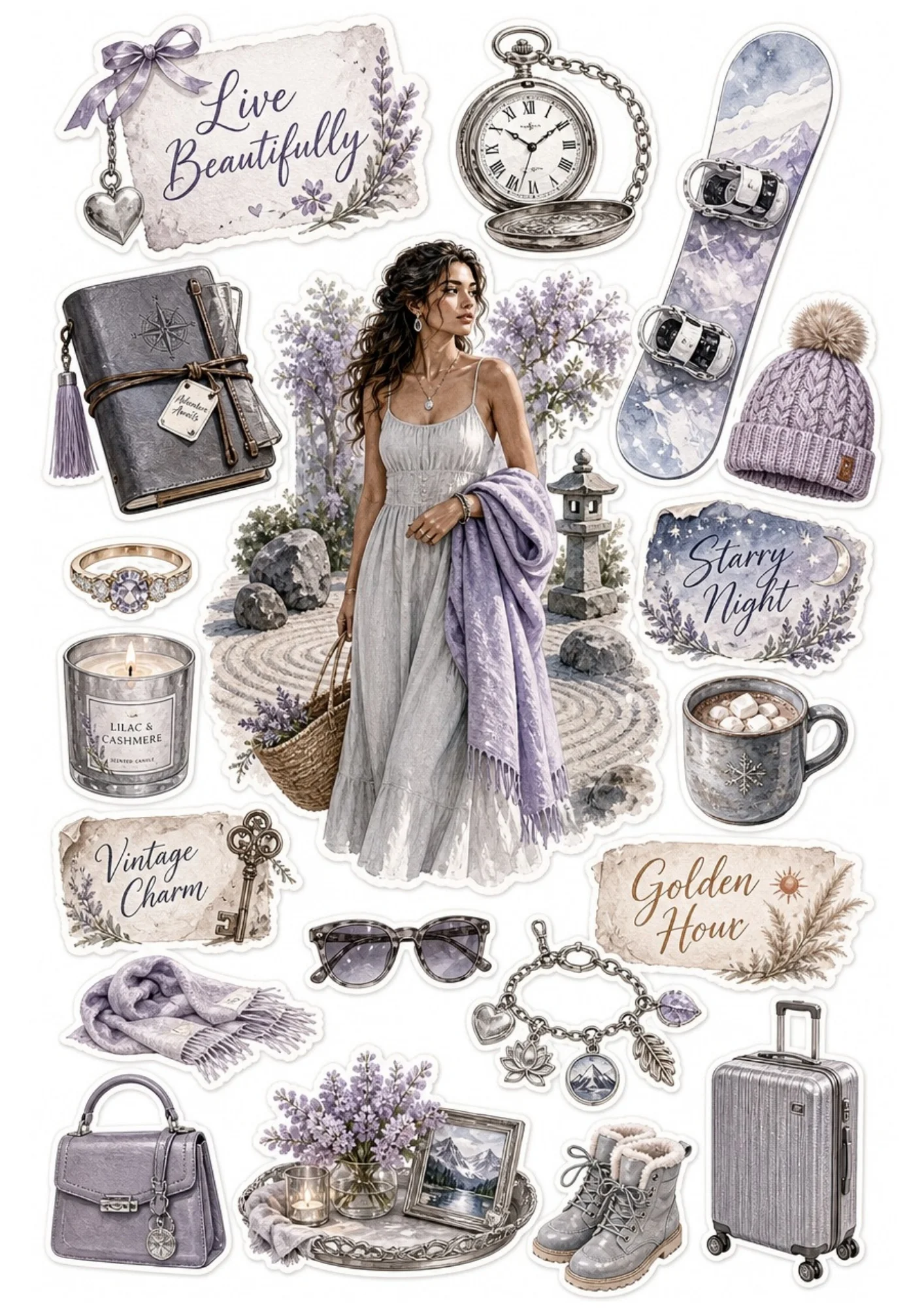 Printable sticker sheet featuring a woman in a white dress with lavender shawl in a stone garden, purple snowboard, silver suitcase, and lilac candle.