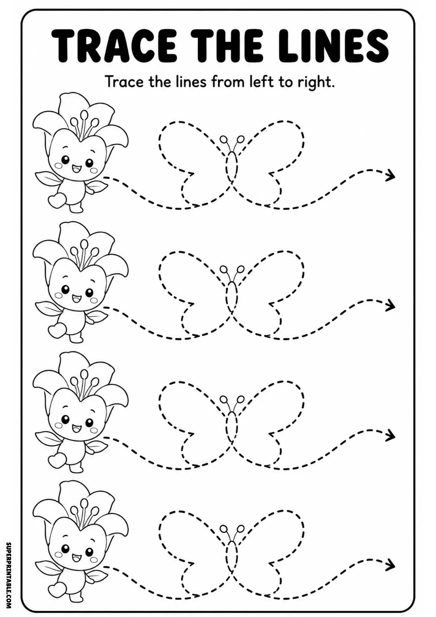 Black and white line art worksheet with four cute lily characters and dashed lines forming butterfly outlines ending with arrows.