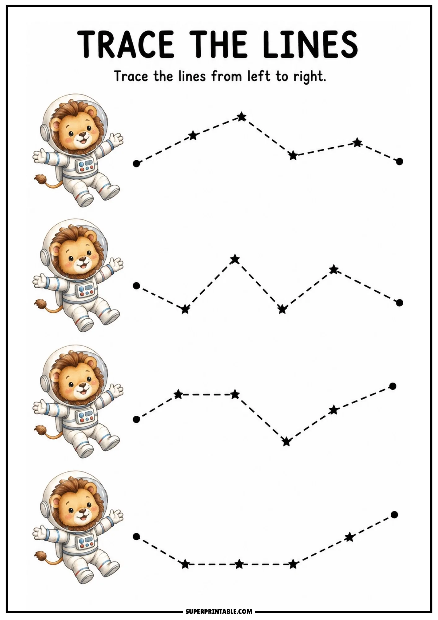 Line tracing worksheet featuring lion astronauts floating next to angular constellation star paths.