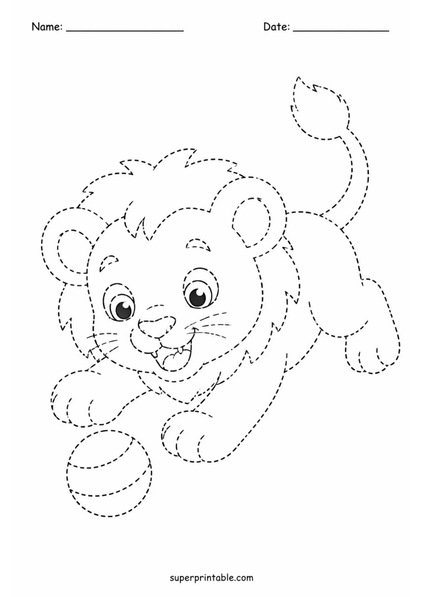 Black and white dotted line activity page showing a happy cartoon lion cub pouncing toward a round ball with curved stripes.