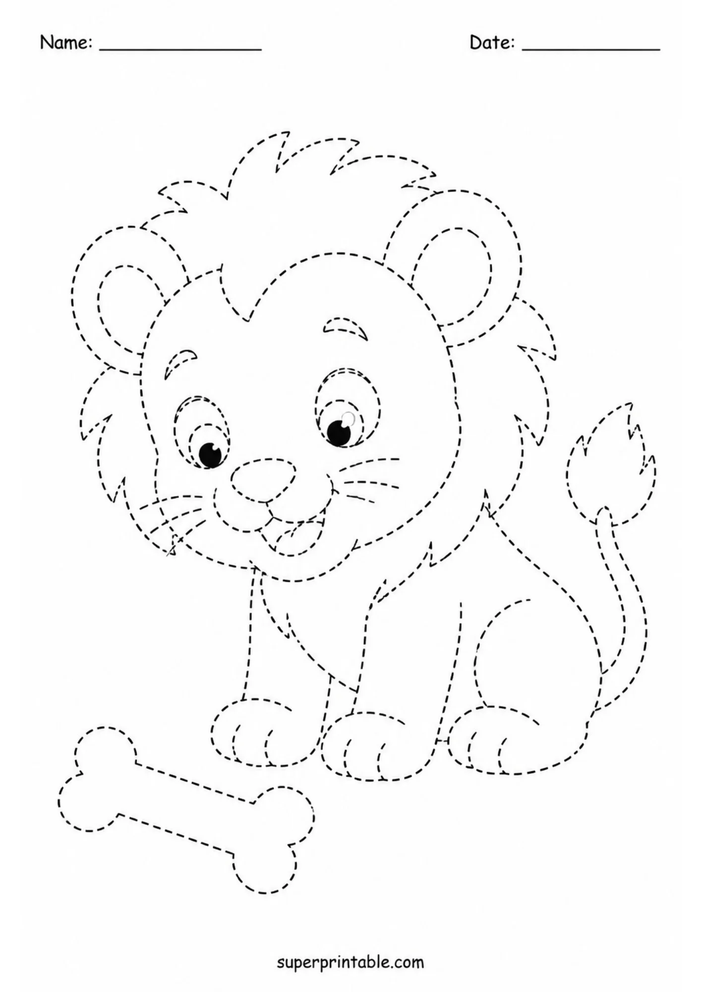 Black line dotted tracing page of a seated lion cub tilting its head down toward a large bone outline on the ground.