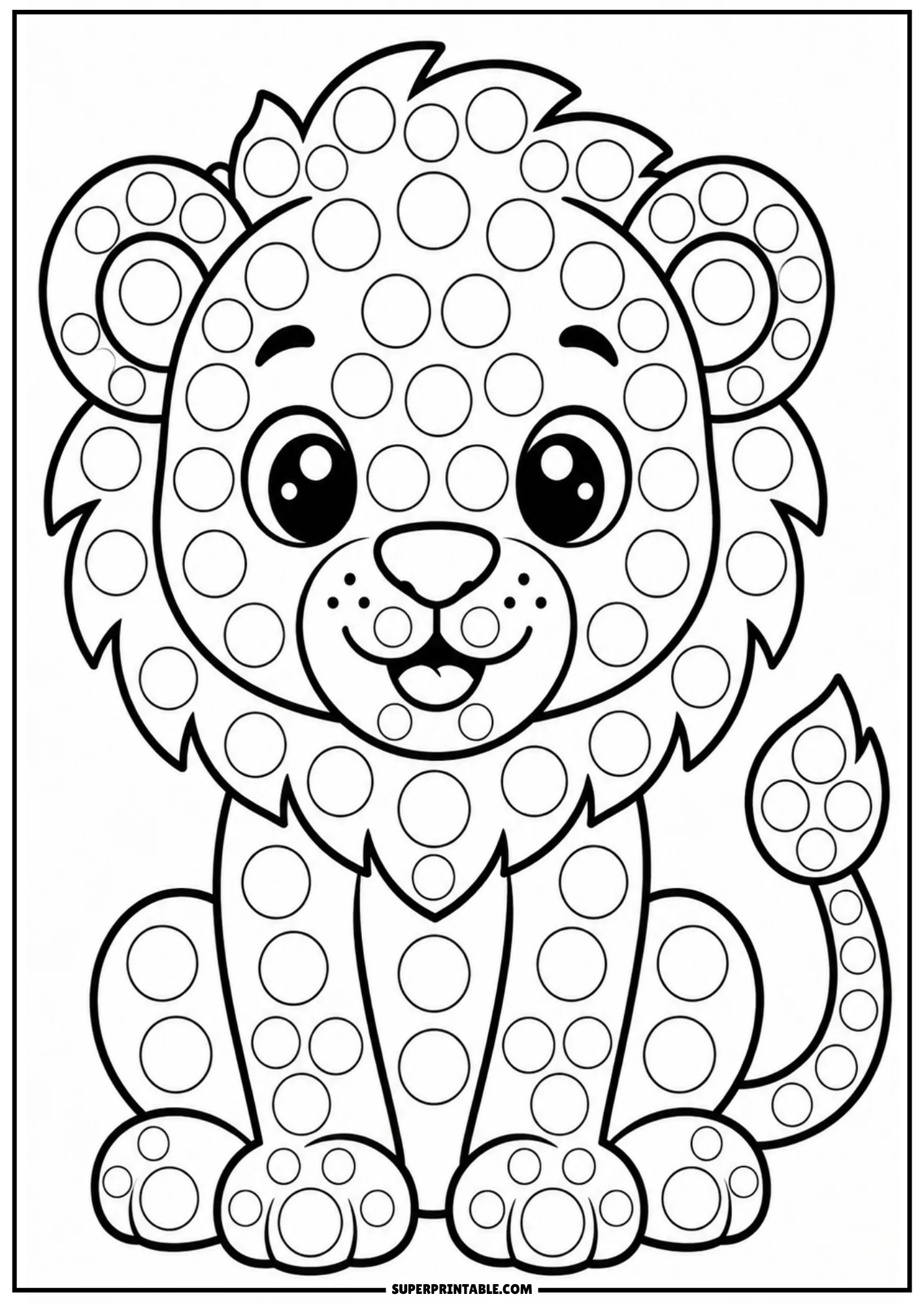 A cute cartoon lion cub sitting upright with a fluffy mane, covered in circular dot markers.