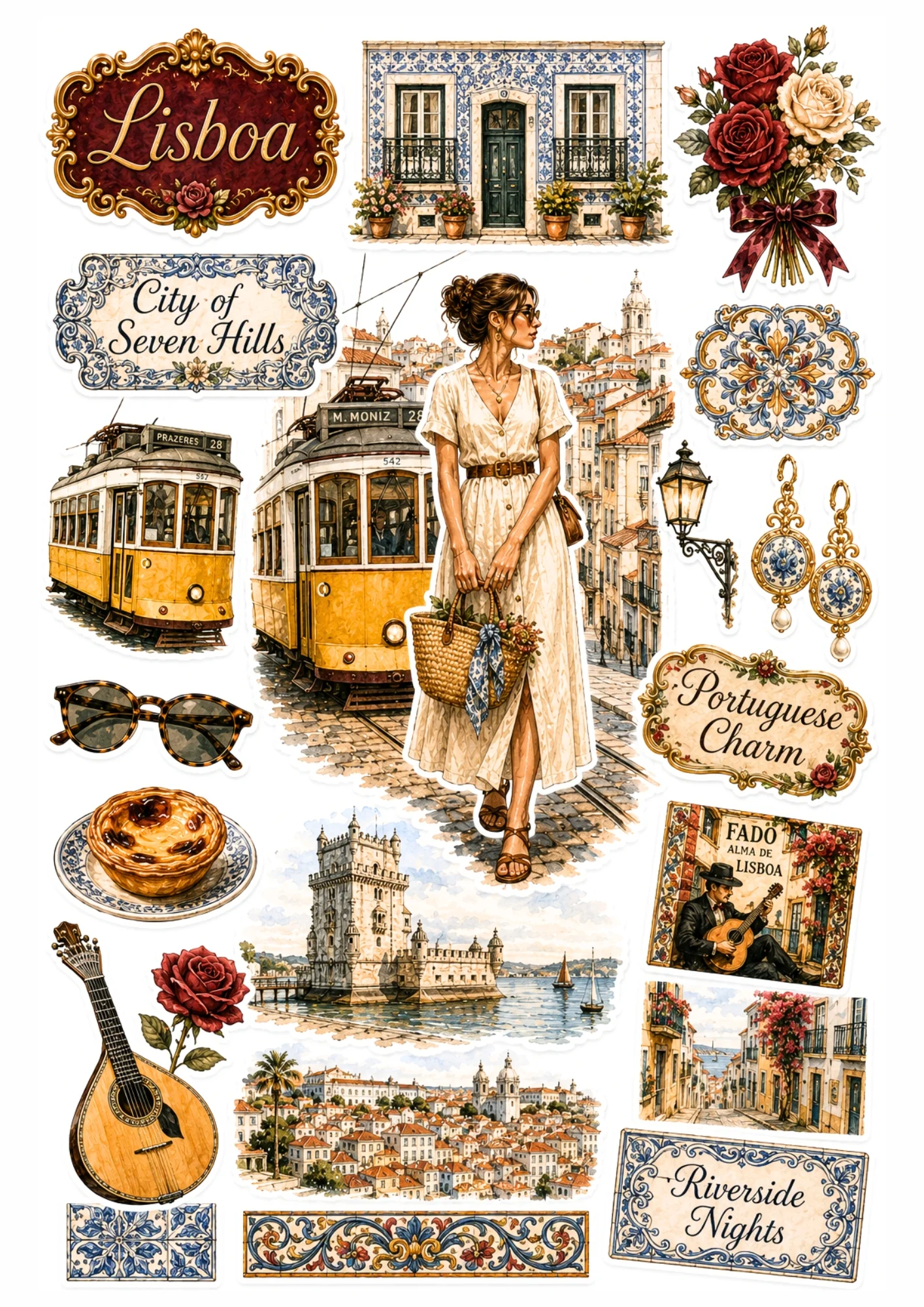 Lisbon sticker collection displaying a woman in a linen dress beside Tram 28, Belém Tower, pastel de nata, and blue tile patterns.