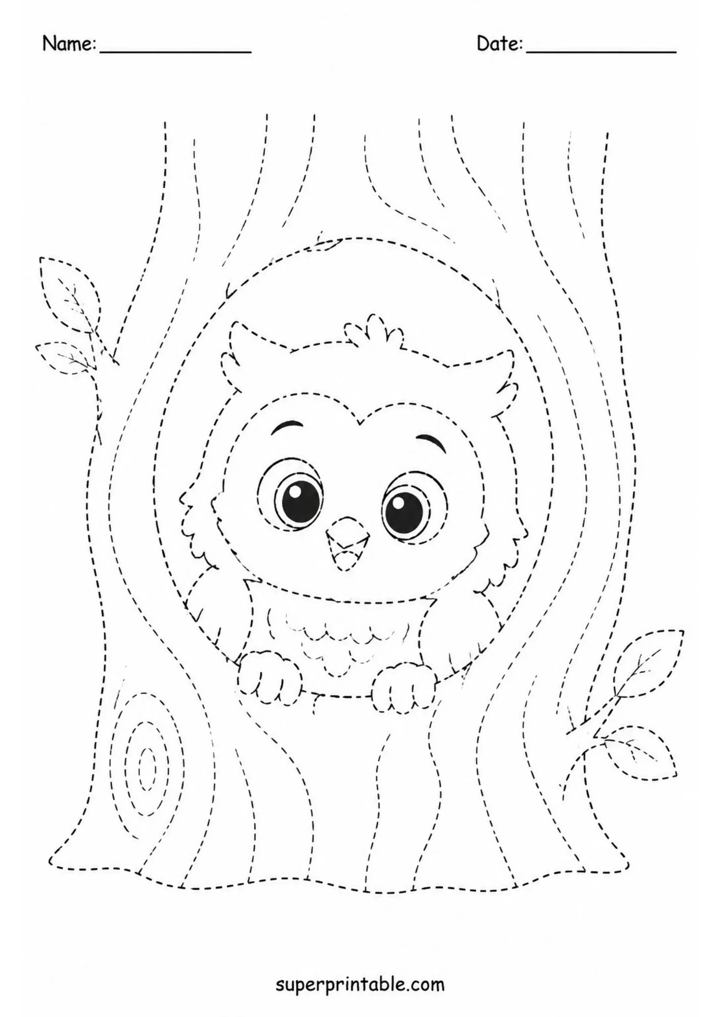 Tracing worksheet featuring a cute baby owl peeking out from a hollow tree trunk with bark lines and small leafy branches.