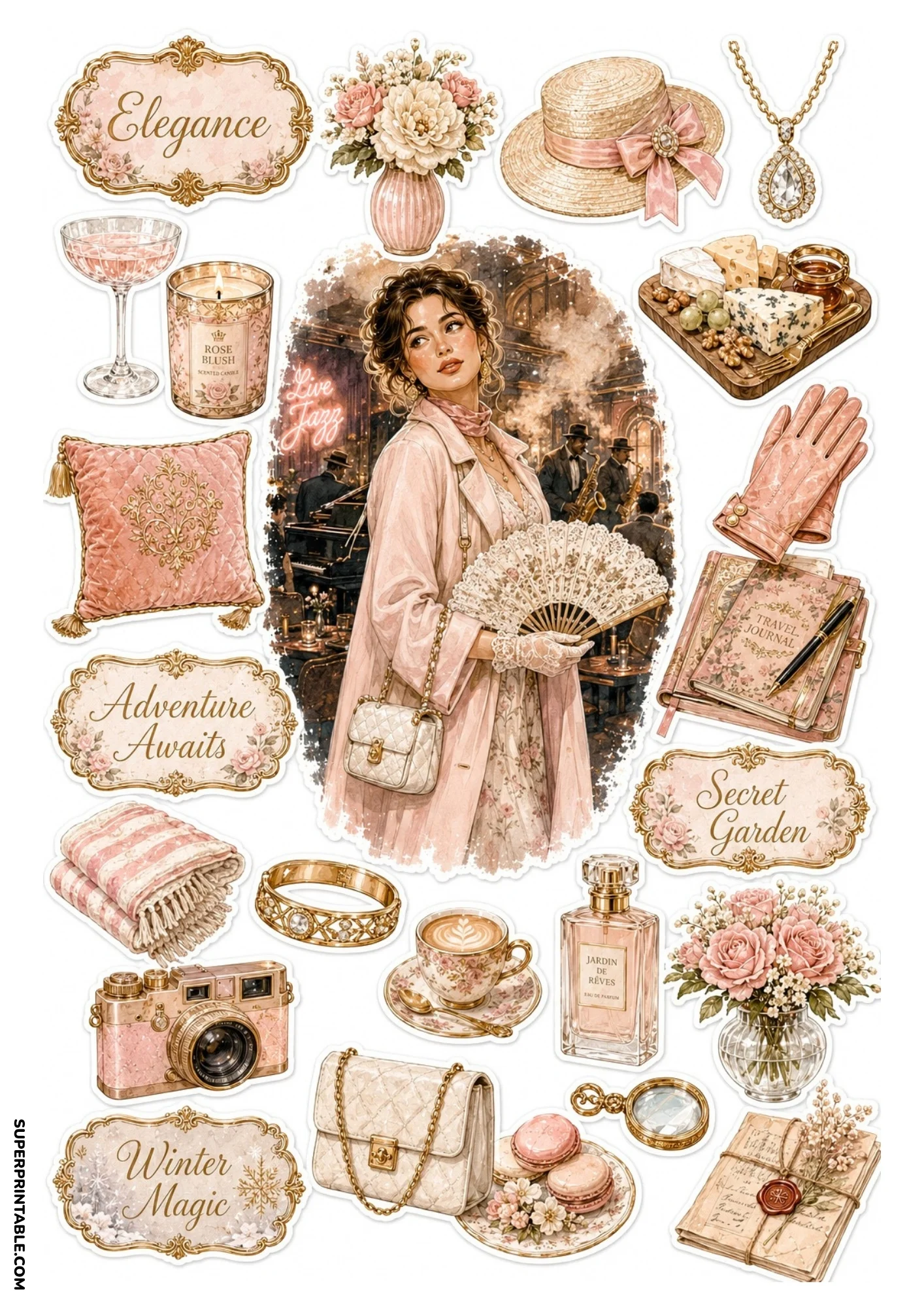 Printable sticker sheet depicting a woman in a pale coat holding a lace fan in a live jazz club, with travel journal, camera, and pink roses.