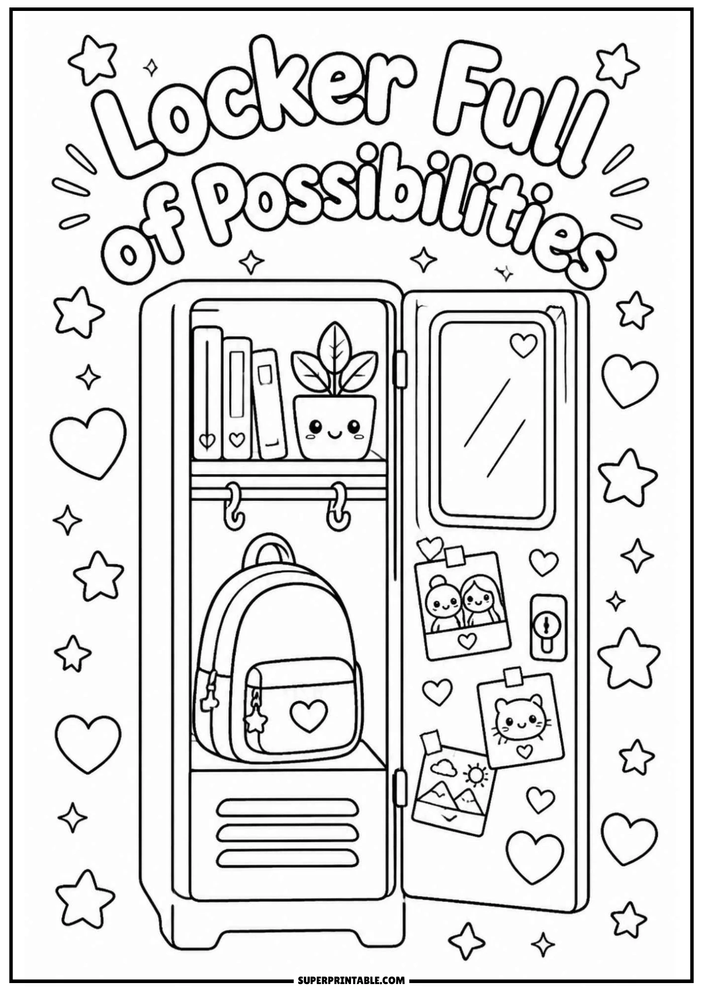 A school locker coloring page featuring an open locker filled with books, a potted plant, a backpack, taped photos, and decorative stars and hearts with the text Locker Full of Possibilities.