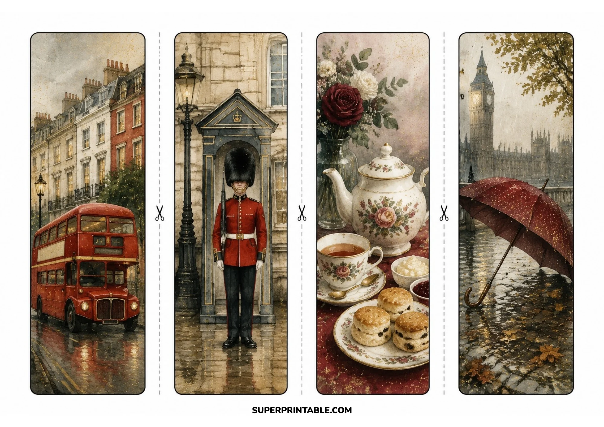 Printable bookmark sheet displaying four vintage watercolor designs: a red double-decker bus, a royal sentry guard, afternoon tea with scones, and a red umbrella near Big Ben.