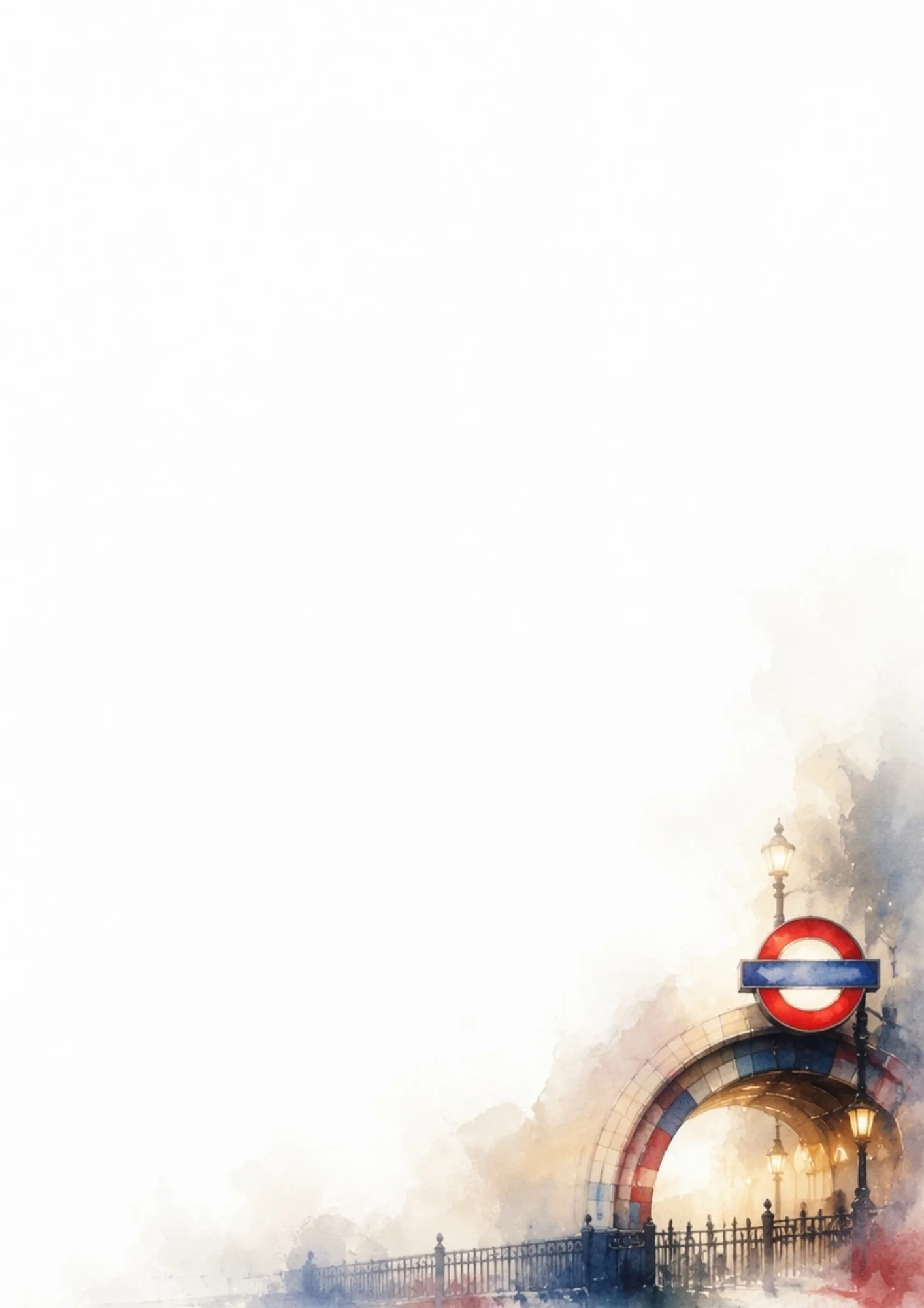 A watercolor painting of a London Underground subway station entrance with the iconic red and blue roundel sign, a stone archway, street lamps, and a black metal fence at the bottom right.