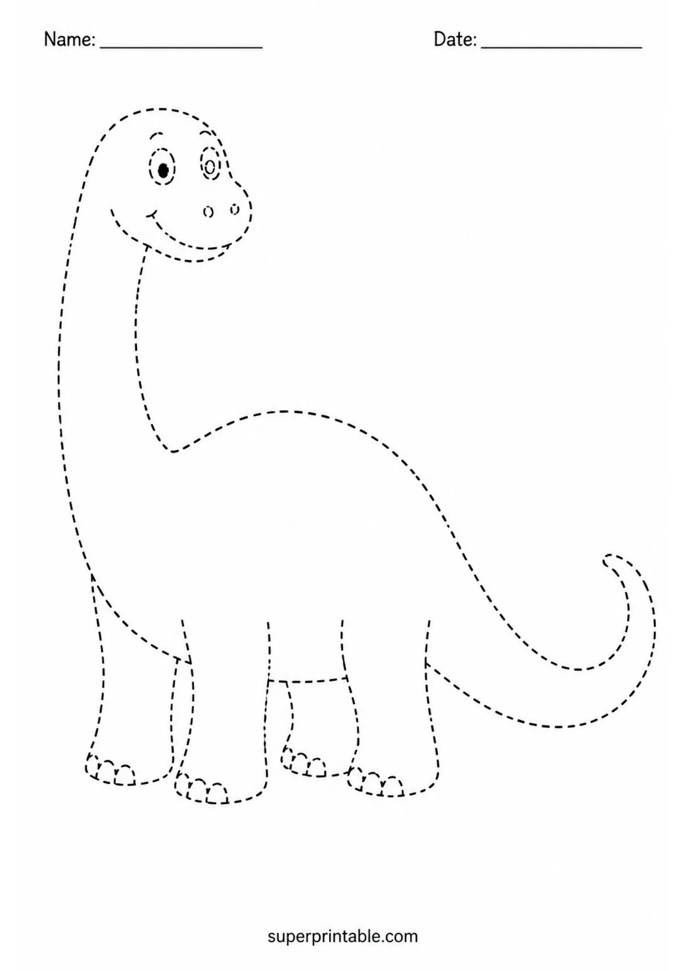 Line tracing worksheet of a smiling long-necked sauropod dinosaur outlined with dashed lines.
