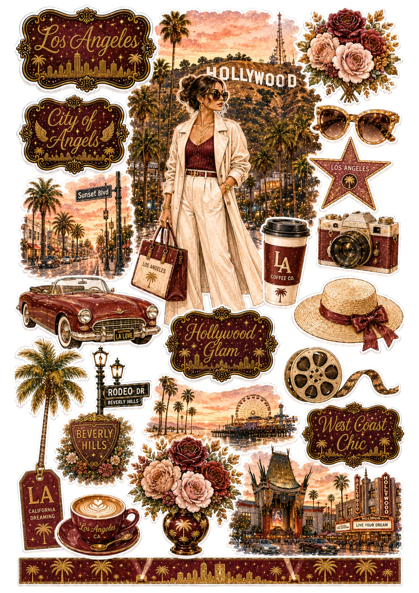Los Angeles sticker collection showing a woman in a duster coat at Hollywood Hills, Hollywood Sign, Walk of Fame star, and film reel.