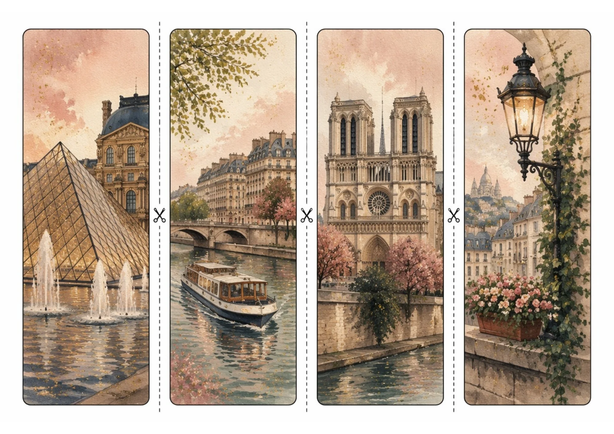 Printable sheet of four vertical watercolor bookmarks illustrating the Louvre glass pyramid with fountains, a riverboat on the Seine, Notre-Dame Cathedral, and Montmartre street lamp.