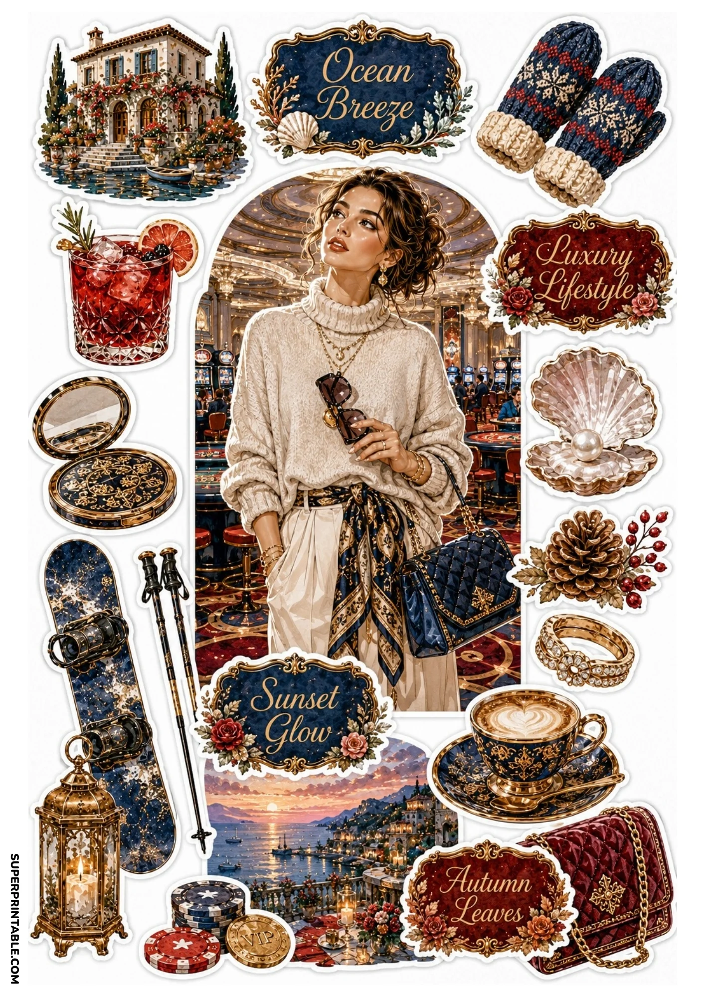Printable sticker set displaying a woman in a turtleneck sweater inside a luxury casino, open shell with pearl, casino chips, espresso cup, and blue snowboard.
