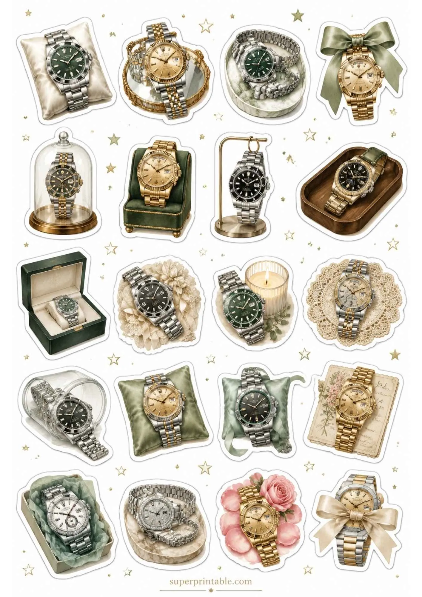 A printable sticker sheet showcasing prestige gold and silver watches with green dials and two-tone bracelets on green cushions.