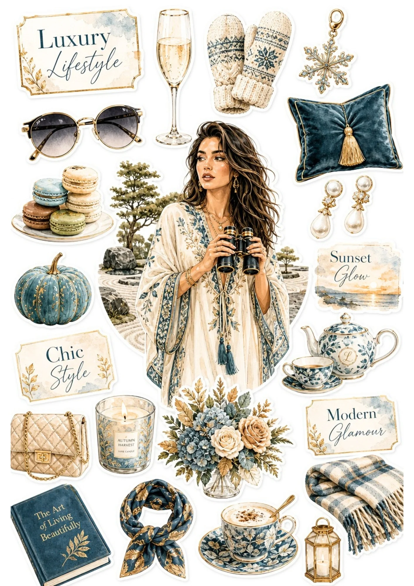 A printable sticker sheet showing a woman in a cream kaftan holding binoculars in a zen rock garden, paired with macarons, blue pumpkins, tea sets, and cozy blankets.