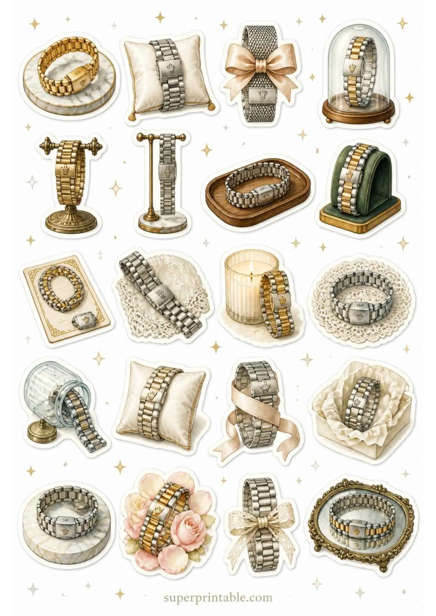 A printable sticker sheet showing detailed metal watch bracelets and clasps in gold, silver, and two-tone styles.