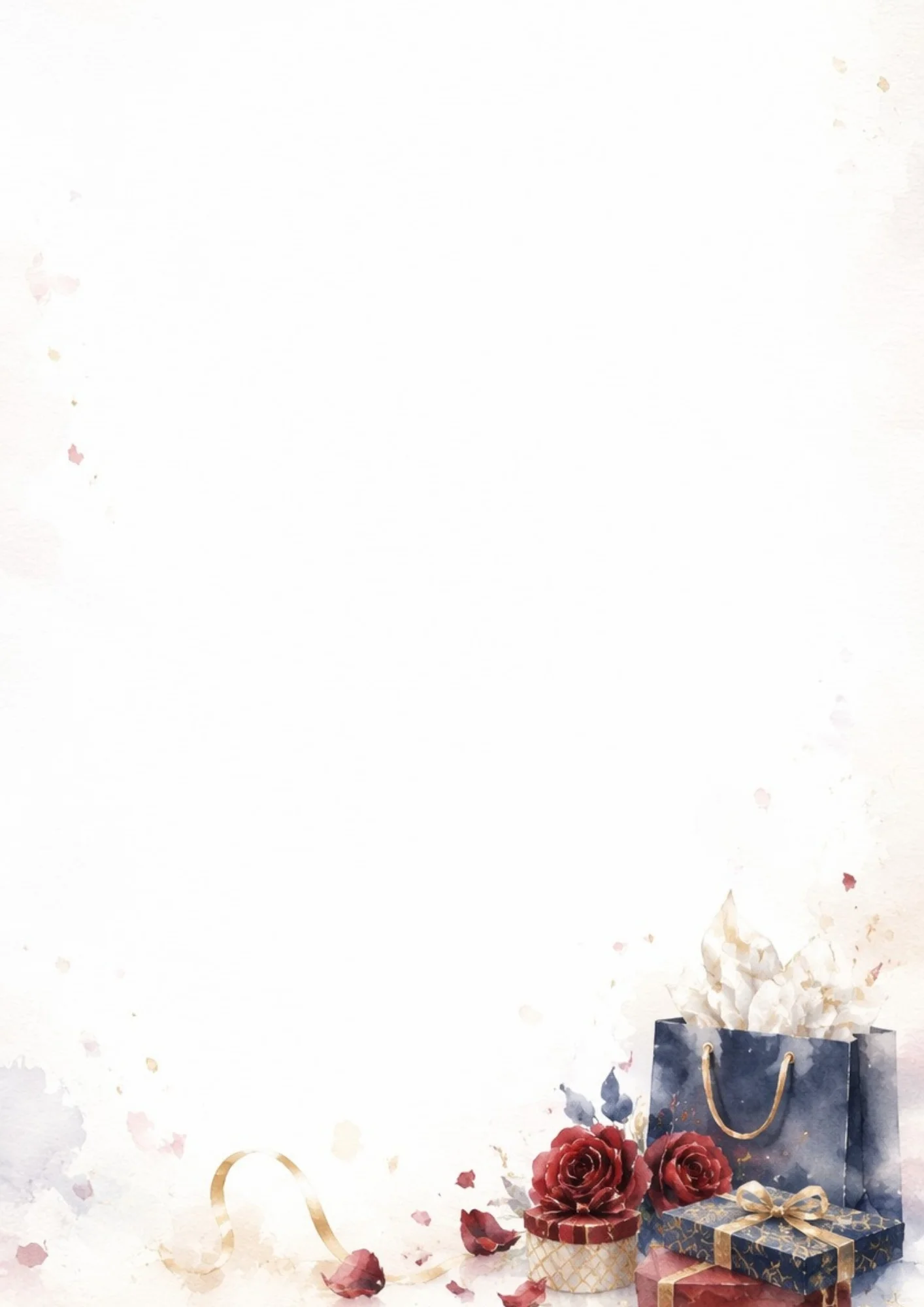 A watercolor painting of high-end gifts in the bottom right corner, featuring a dark blue shopping bag with tissue paper, a blue gift box with a gold ribbon, a round gift box with a red rose, and scattered petals.