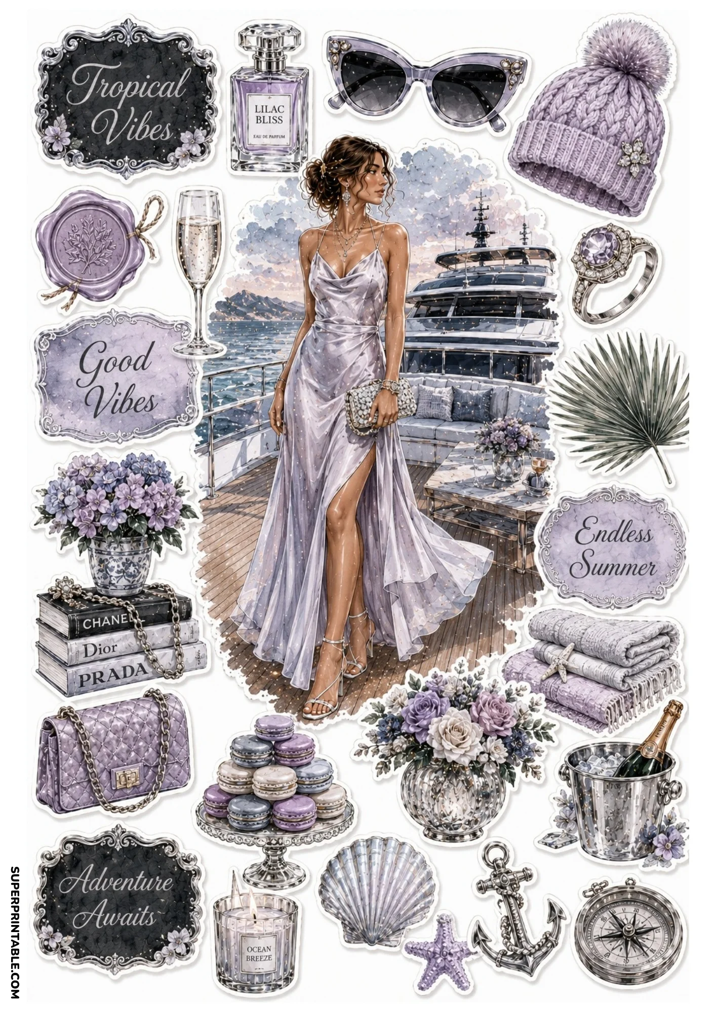 Watercolor sticker page depicting a woman in a lilac slip dress on a yacht deck, featuring designer books, macaron towers, champagne buckets, and sea anchors.