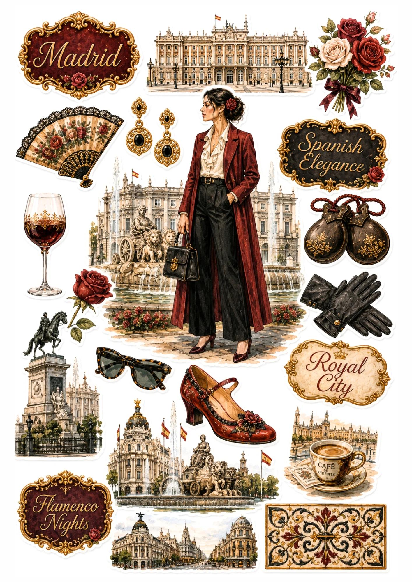 Madrid watercolor stickers showing a woman in a red coat at Cibeles Fountain, Royal Palace, lace fan, and red flamenco shoes.