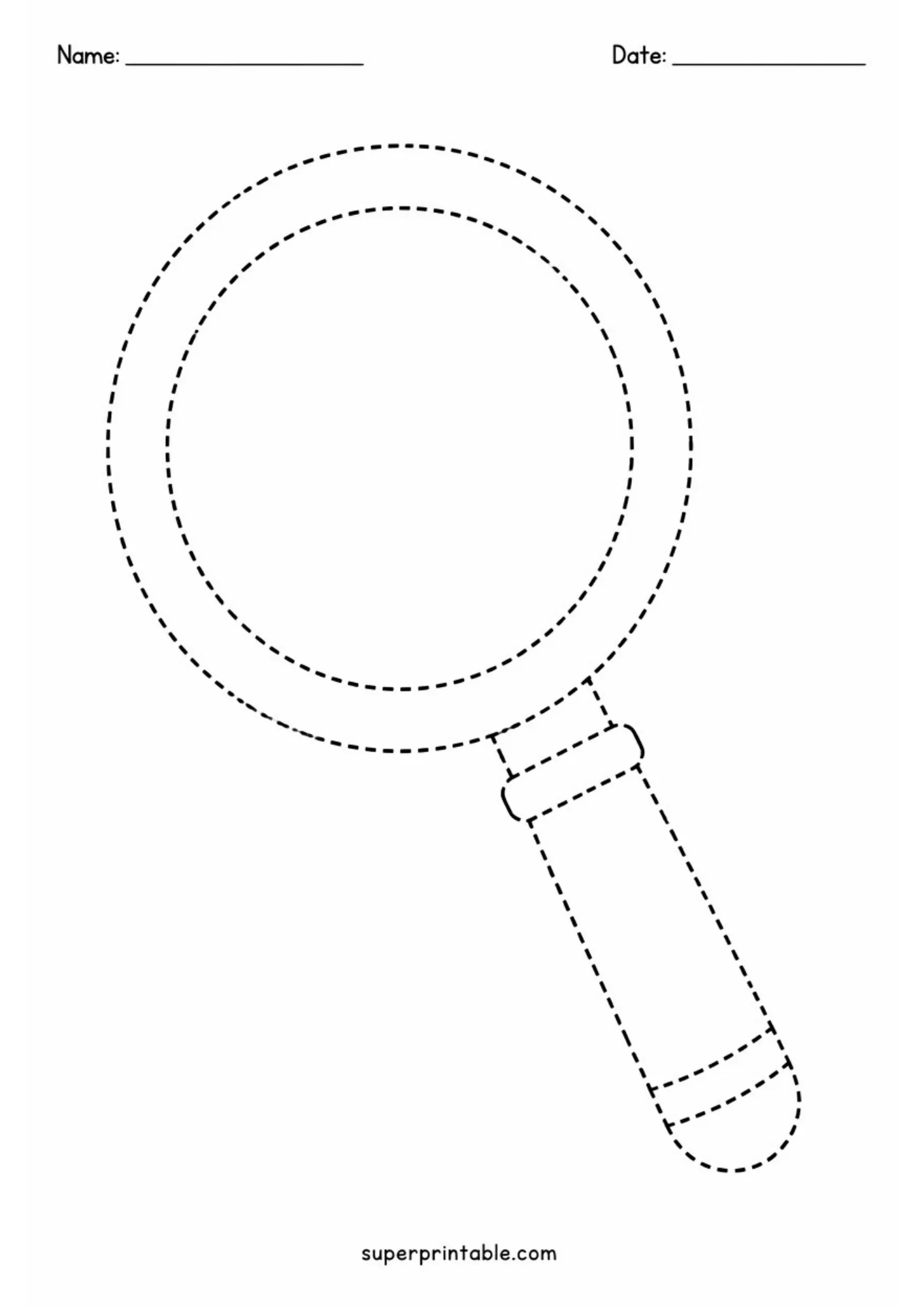 Printable line tracing activity page featuring a dashed outline of a magnifying glass.
