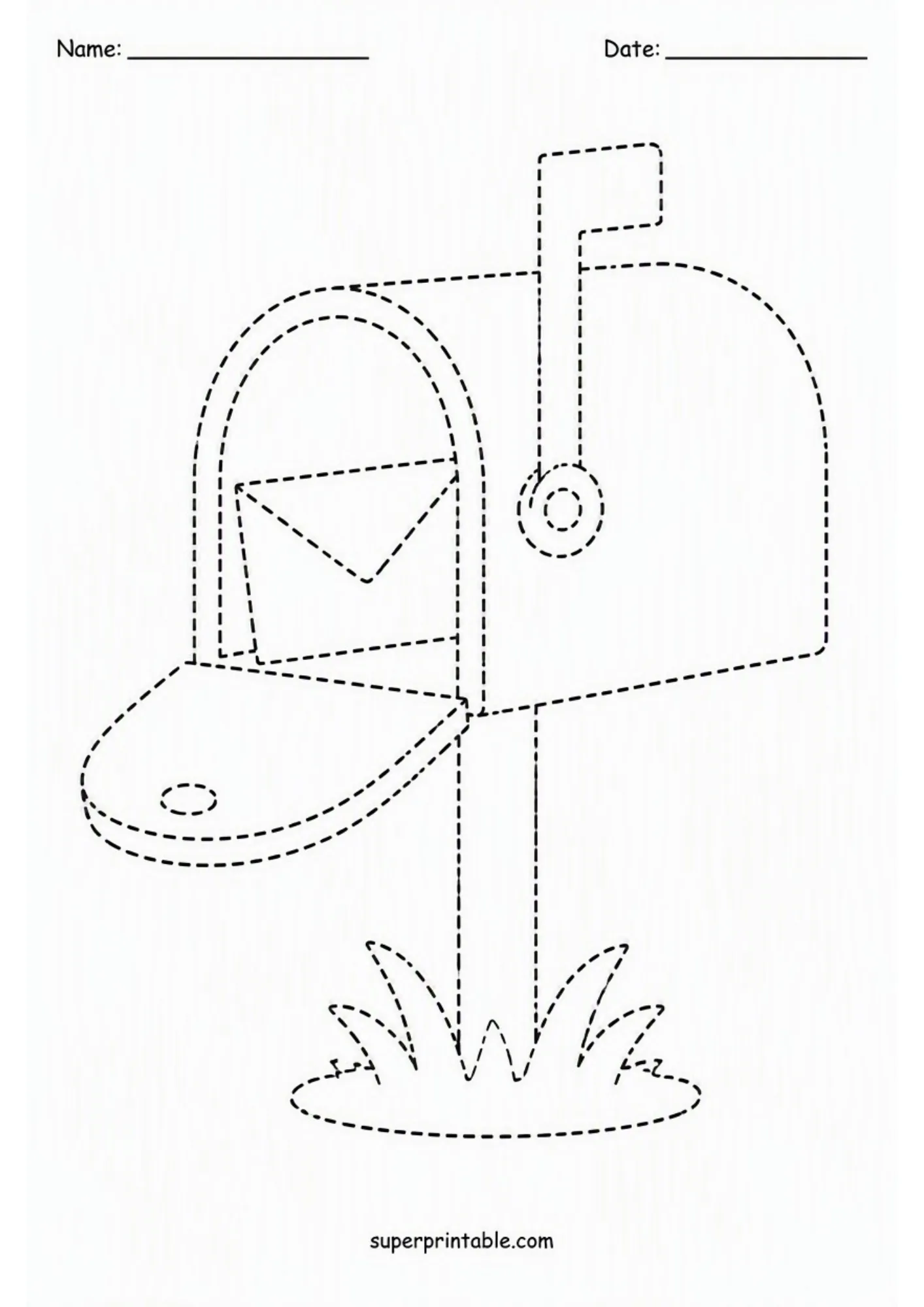 Printable line tracing worksheet displaying an open mailbox with a mail envelope inside.