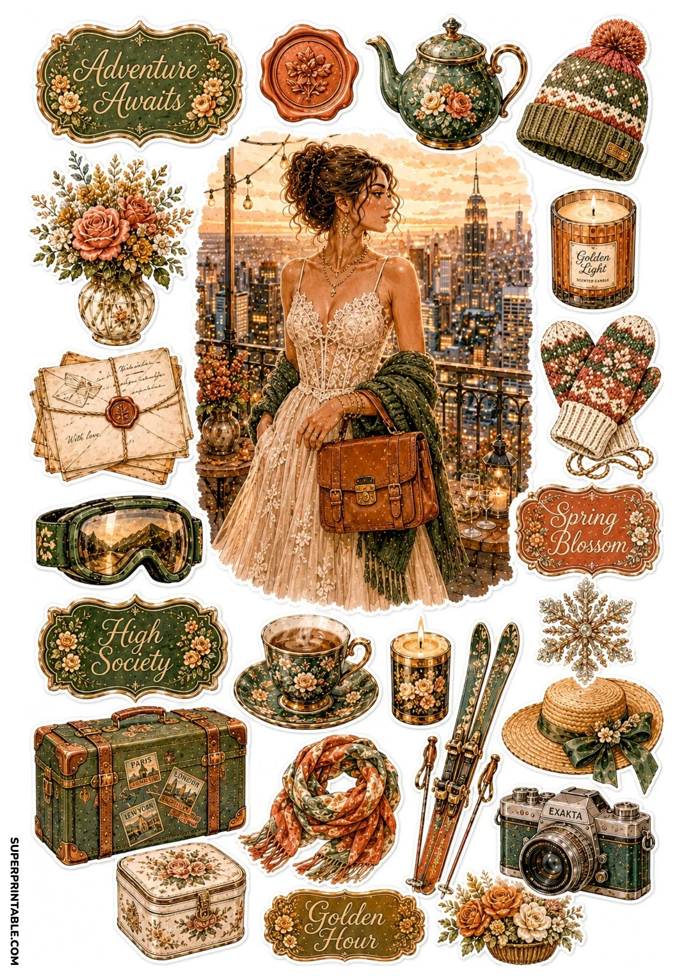 Sticker sheet featuring a woman looking at skyscraper views at sunset with seasonal luxury accessories.