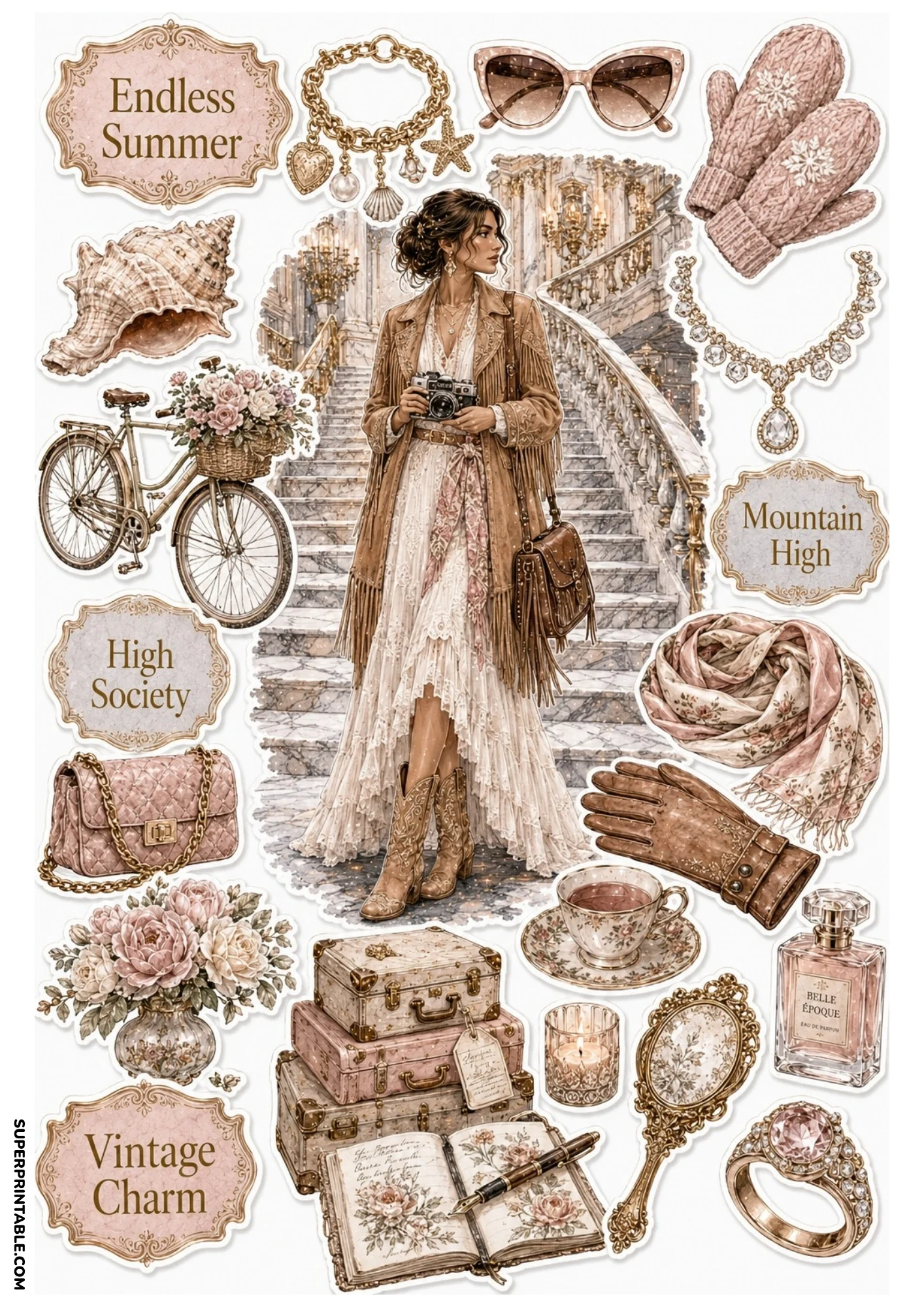 Printable sticker page showing a woman in a fringe jacket holding a camera on a marble staircase, accompanied by luggage trunks, floral bikes, and pink accessories.