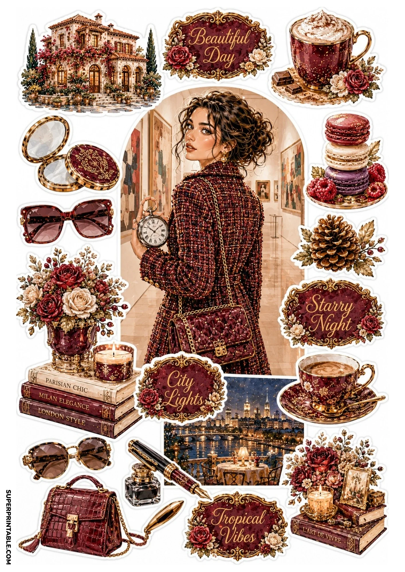 Printable sticker collection showing a woman in a maroon tweed coat holding a pocket watch in a gallery, macarons, stack of books, inkwell pen, and crocodile bag.