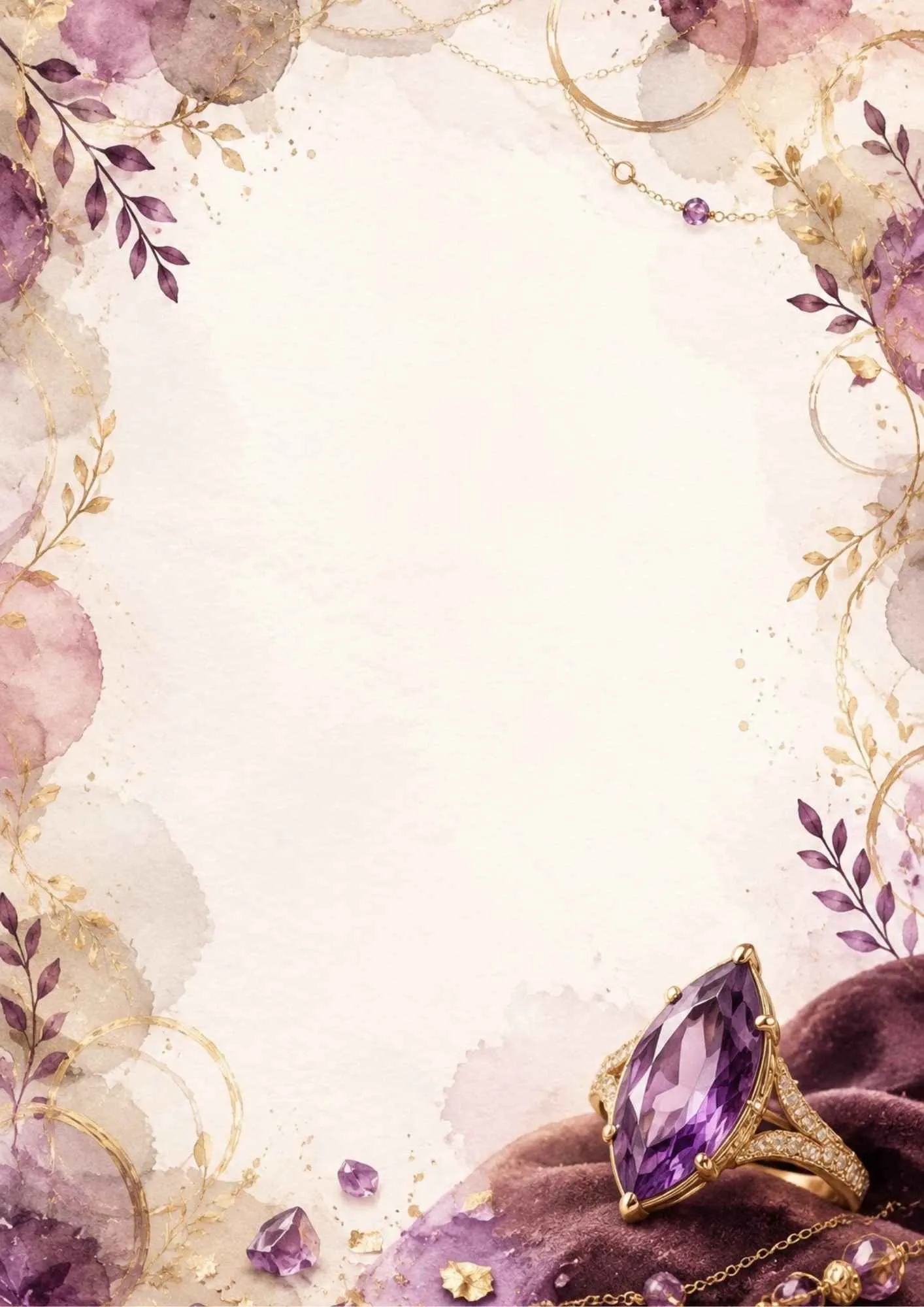 A watercolor writing page showing a gold ring with a marquise amethyst stone on a plum velvet drape, with purple beads.