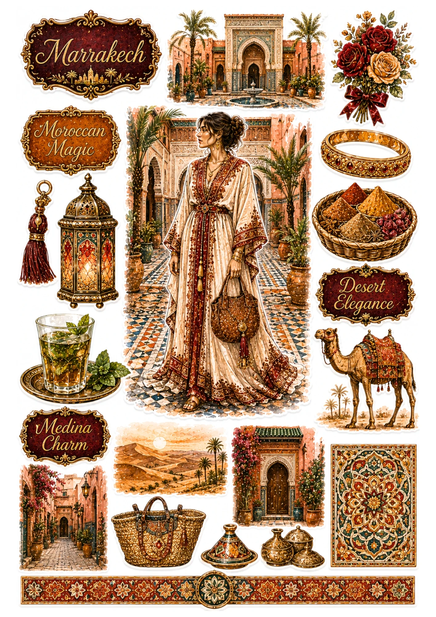 Marrakech sticker collection displaying a woman in a cream kaftan gown in a tiled riad, mint tea, camel, and tagine pot.