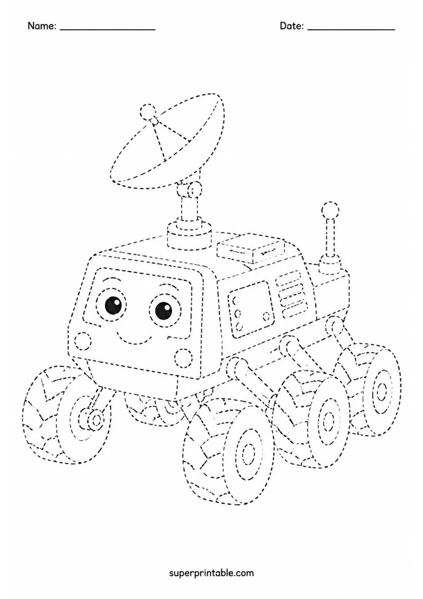 Black and white line art worksheet showing a dashed line outline of a cartoon six-wheeled space rover.