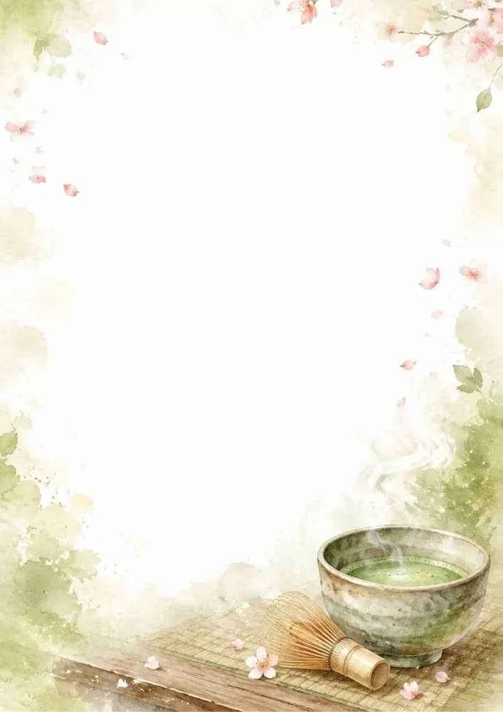 Watercolor border page featuring a hot bowl of green matcha tea, a bamboo whisk, and falling cherry blossom petals on a wooden table.