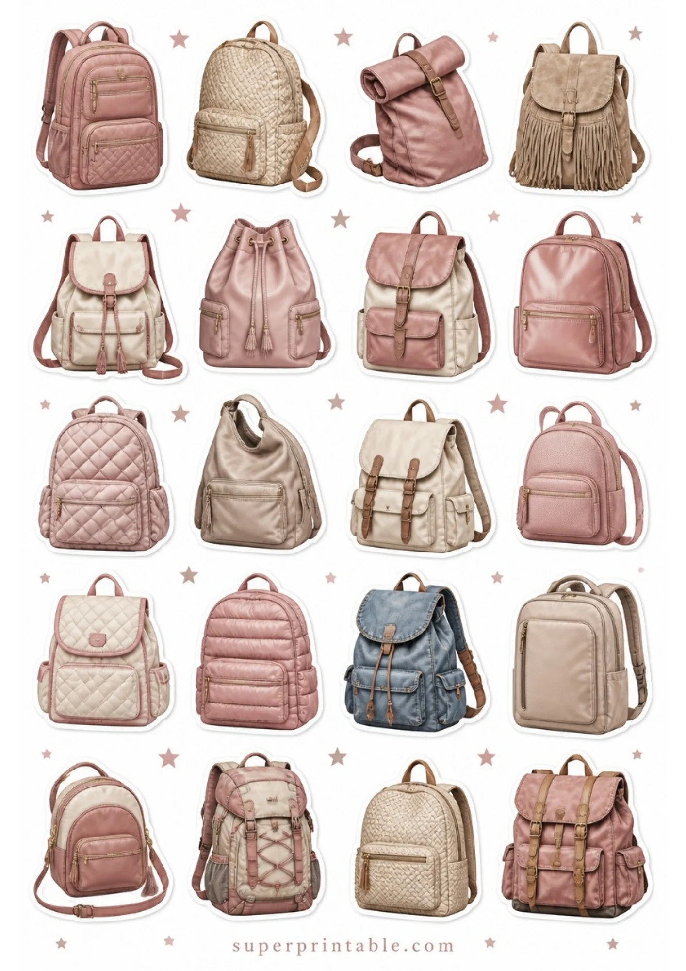 A sheet of printable stickers showcasing twenty individual backpacks in mauve, dusty pink, cream, and taupe colors, surrounded by pink stars.