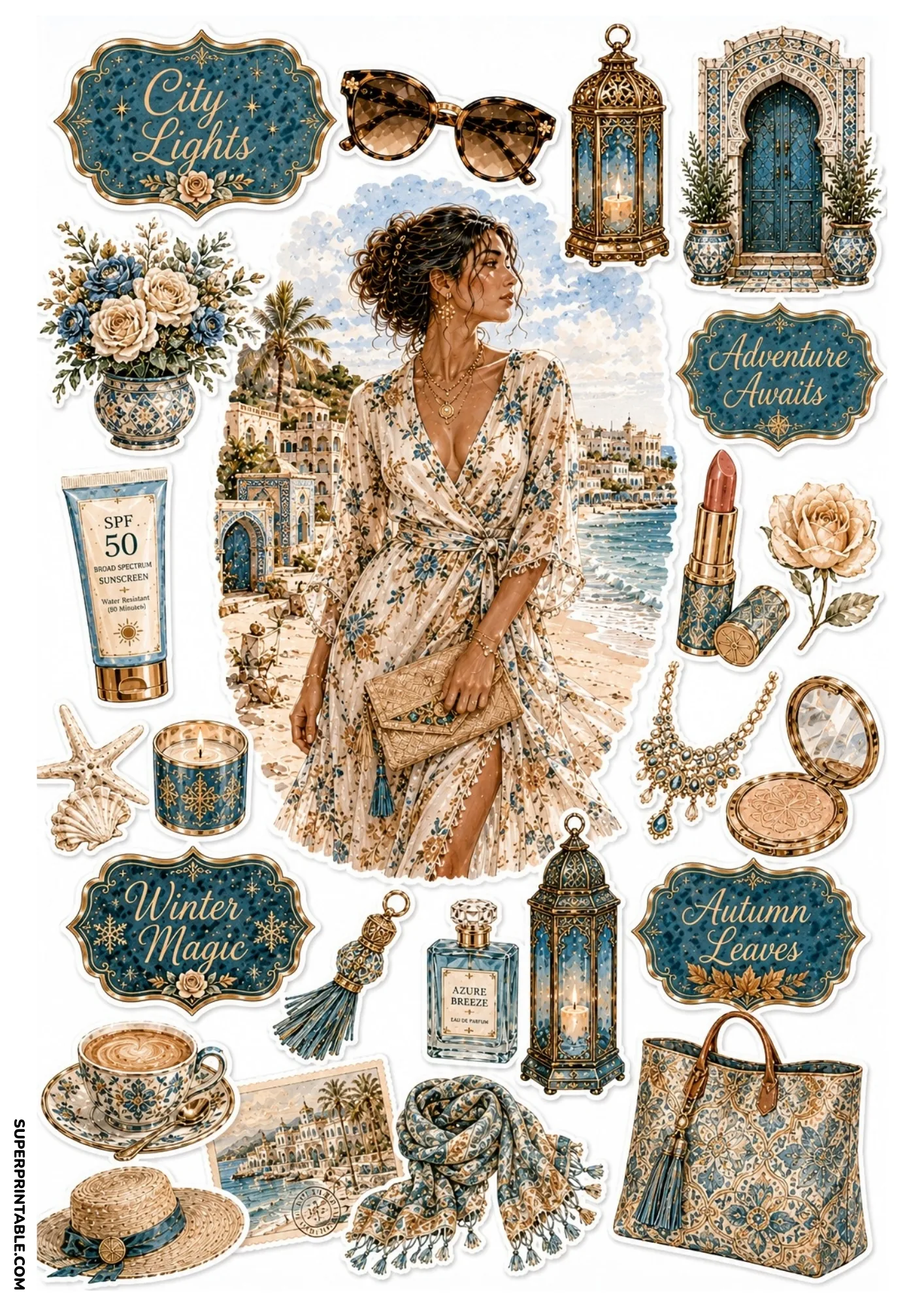 Mediterranean blue sticker sheet featuring a beach traveler in a wrap dress, blue tile door, azure perfume, and blue tote bag.