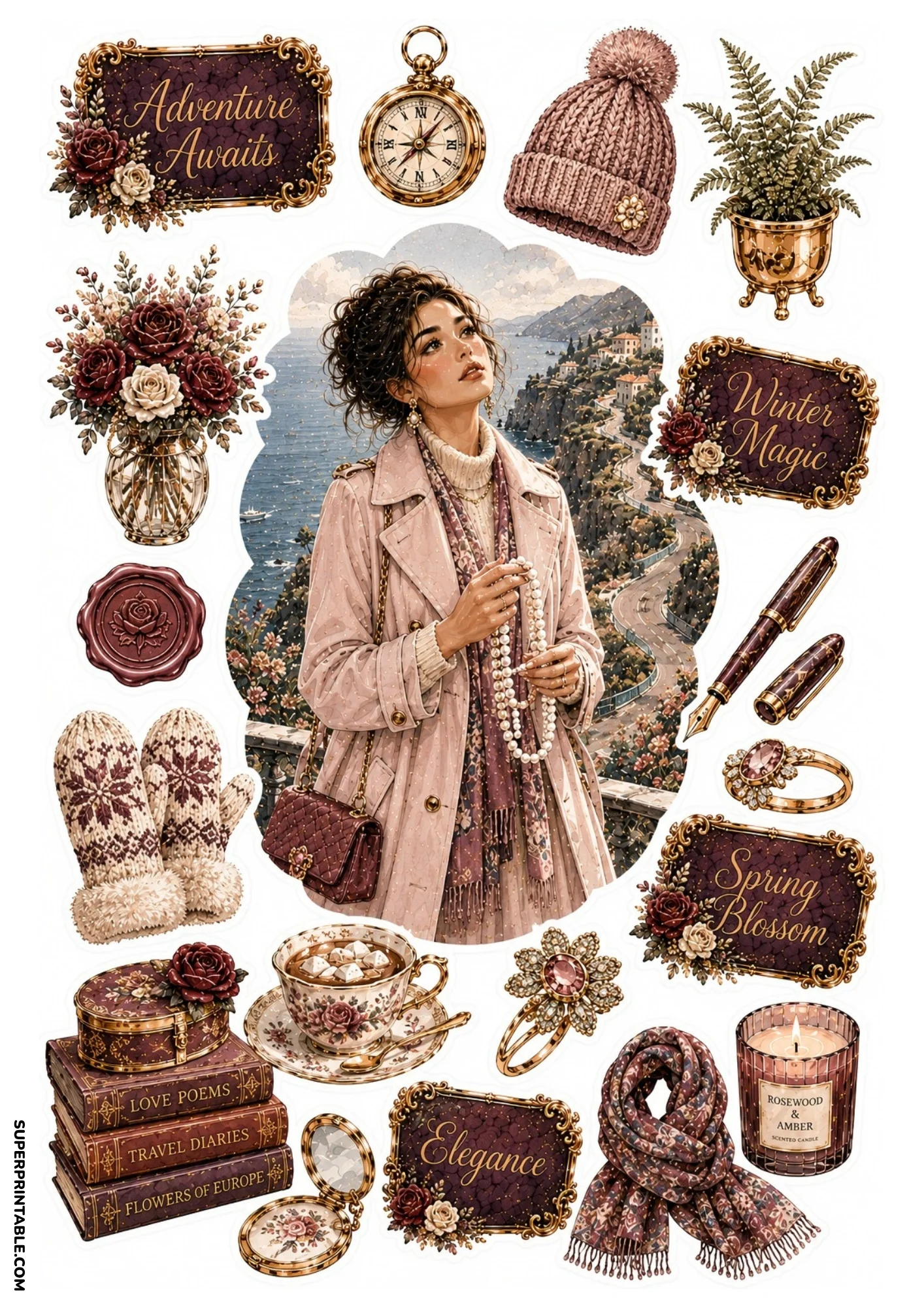 Printable sticker sheet featuring a woman with pearls on a coastal terrace, surrounded by rosewood candle, warm scarf, fountain pen, and book stack stickers.