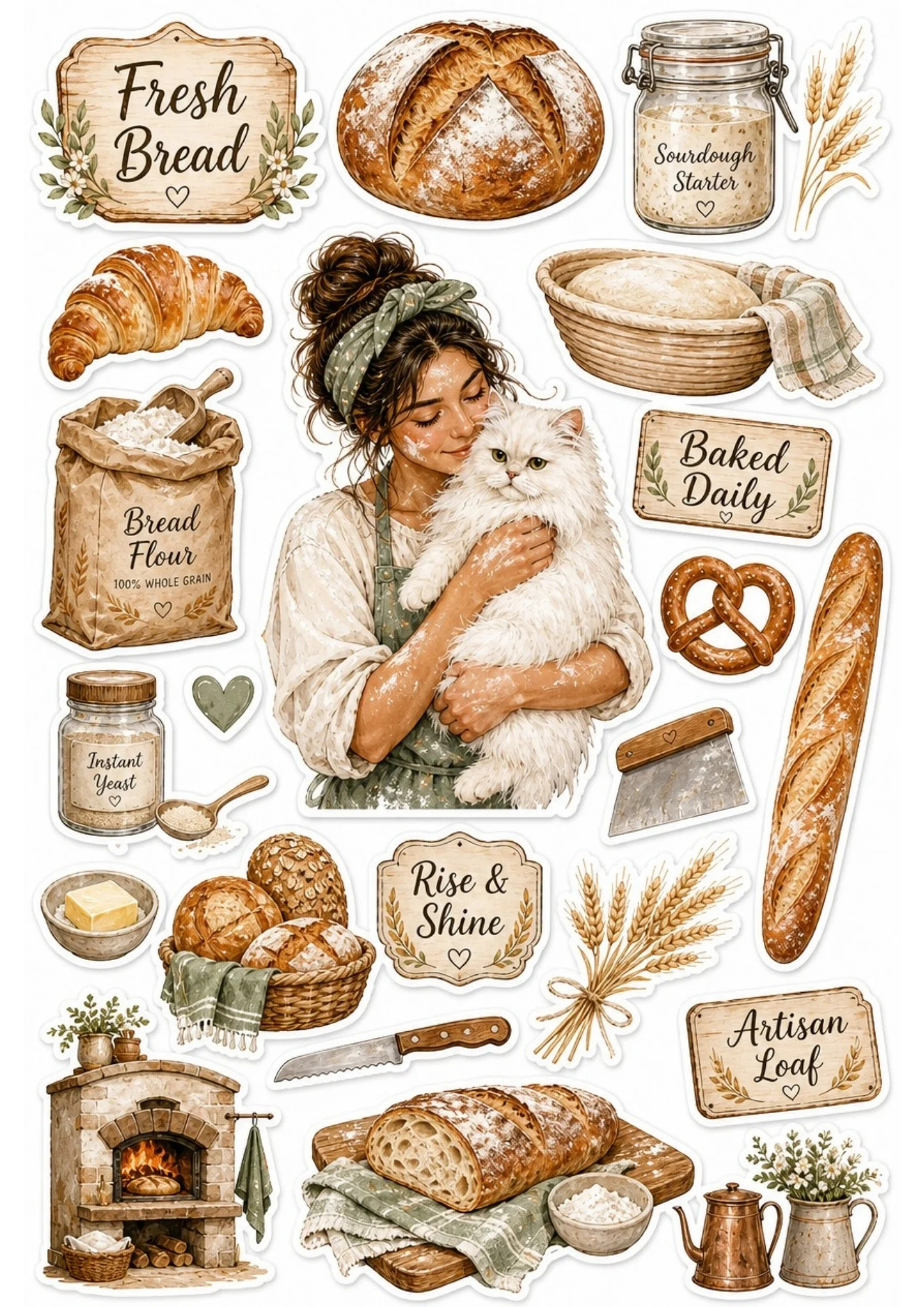 A girl preparing a Mediterranean dish with a white cat. Surrounding stickers include olive oil bottles, fresh garlic, tomatoes, and text saying 'Italian Flavor' and 'Buon Appetito'.