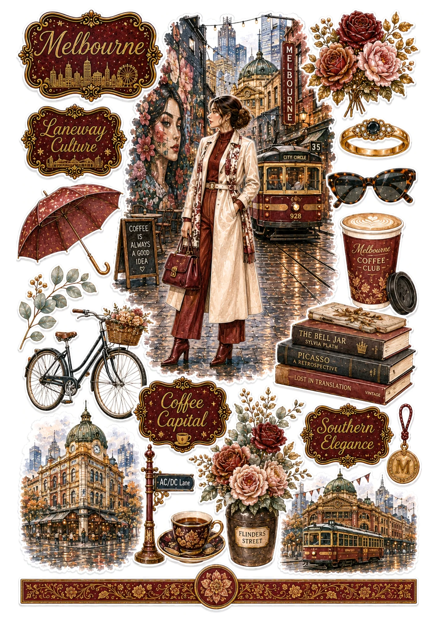 Melbourne sticker sheet featuring a woman in a coat in Hosier Lane street art alley, Flinders Street station, coffee cup, and tram.