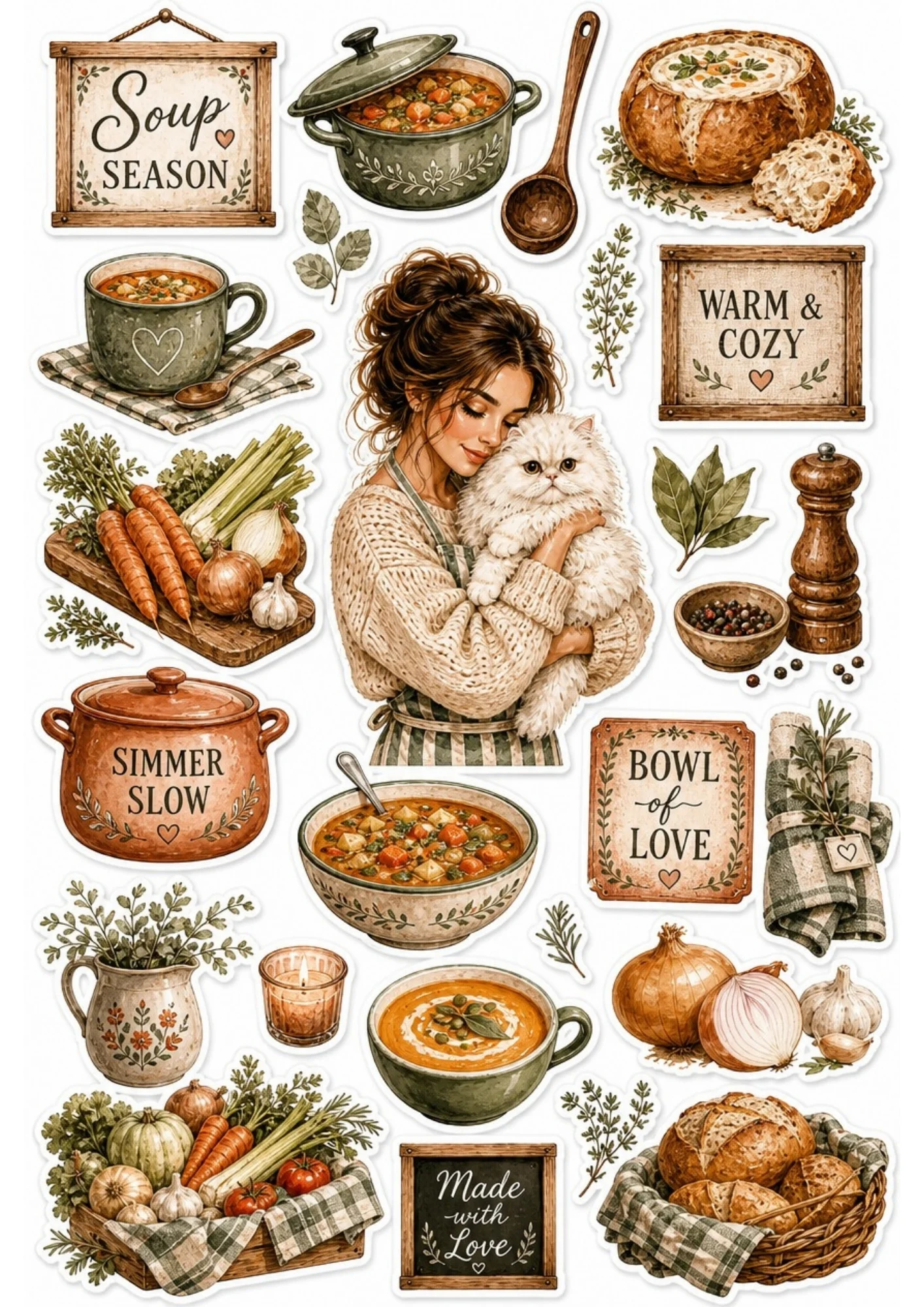 A girl covered in flour laughing while baking with a white cat. Surrounding stickers include rolling pins, messy bowls of dough, and text saying 'Made with Love' and 'Homemade Goodness'.